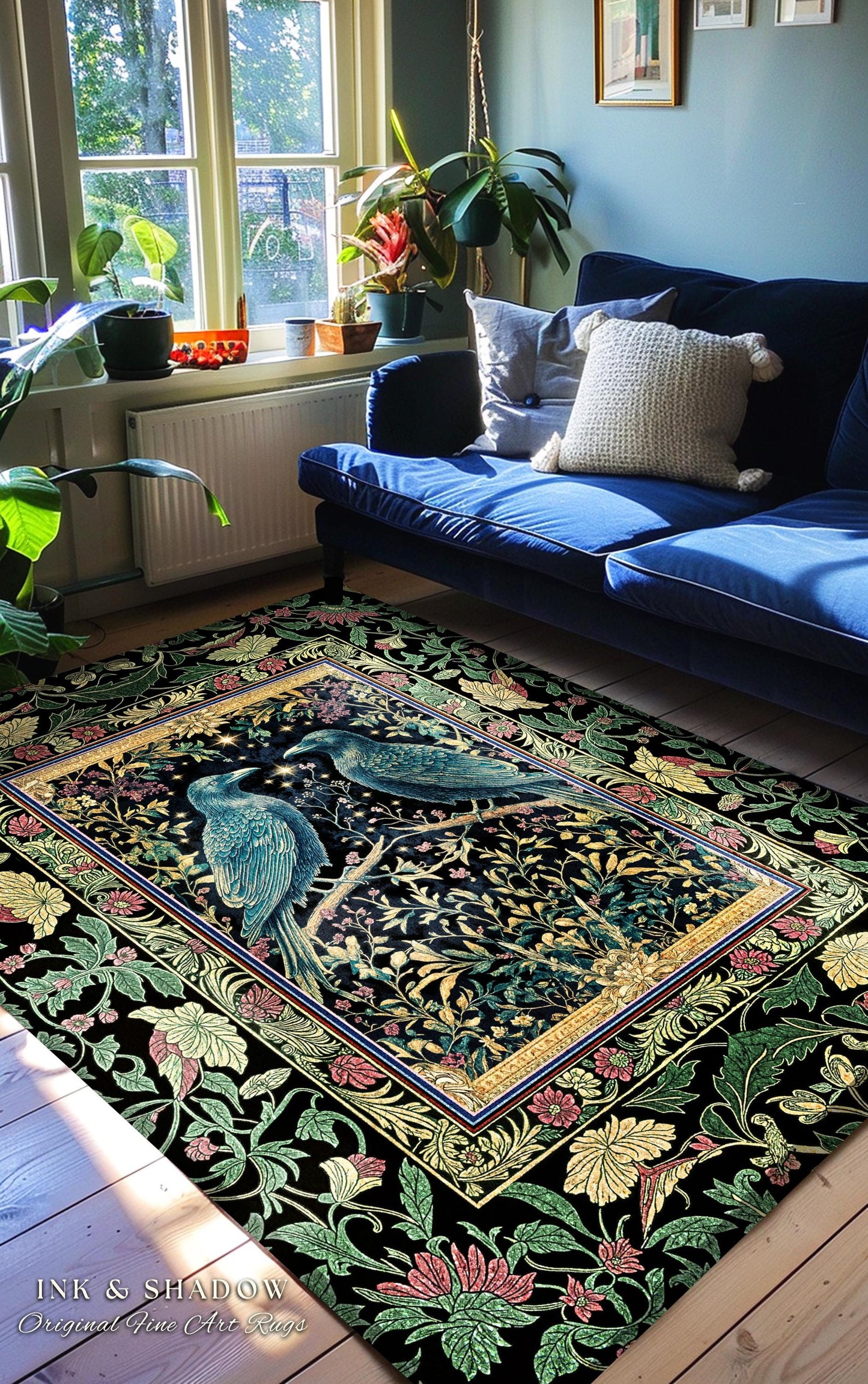 Raven Lovers Jade Celestial Crow Rug | Dark Academia Scandinavian Folklore Decor Cozy Home Baroque Carpet Mystical Fairytale Antique Accent