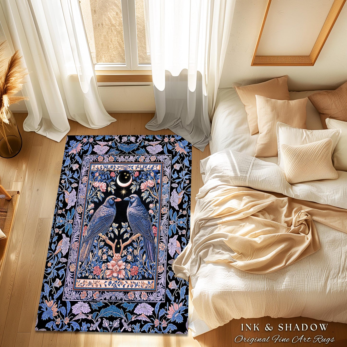 Amethyst Moon Celestial Raven Rug | Witchy Baroque Pattern Cozy Room Decor Gothic Purple Cottagecore Aesthetic Mystical Fairytale Carpet