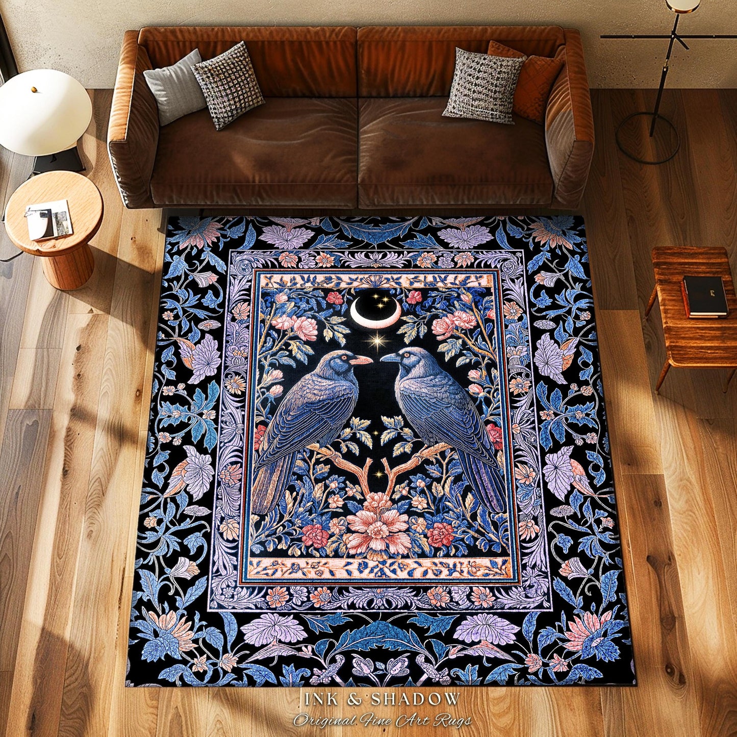 Amethyst Moon Celestial Raven Rug | Witchy Baroque Pattern Cozy Room Decor Gothic Purple Cottagecore Aesthetic Mystical Fairytale Carpet