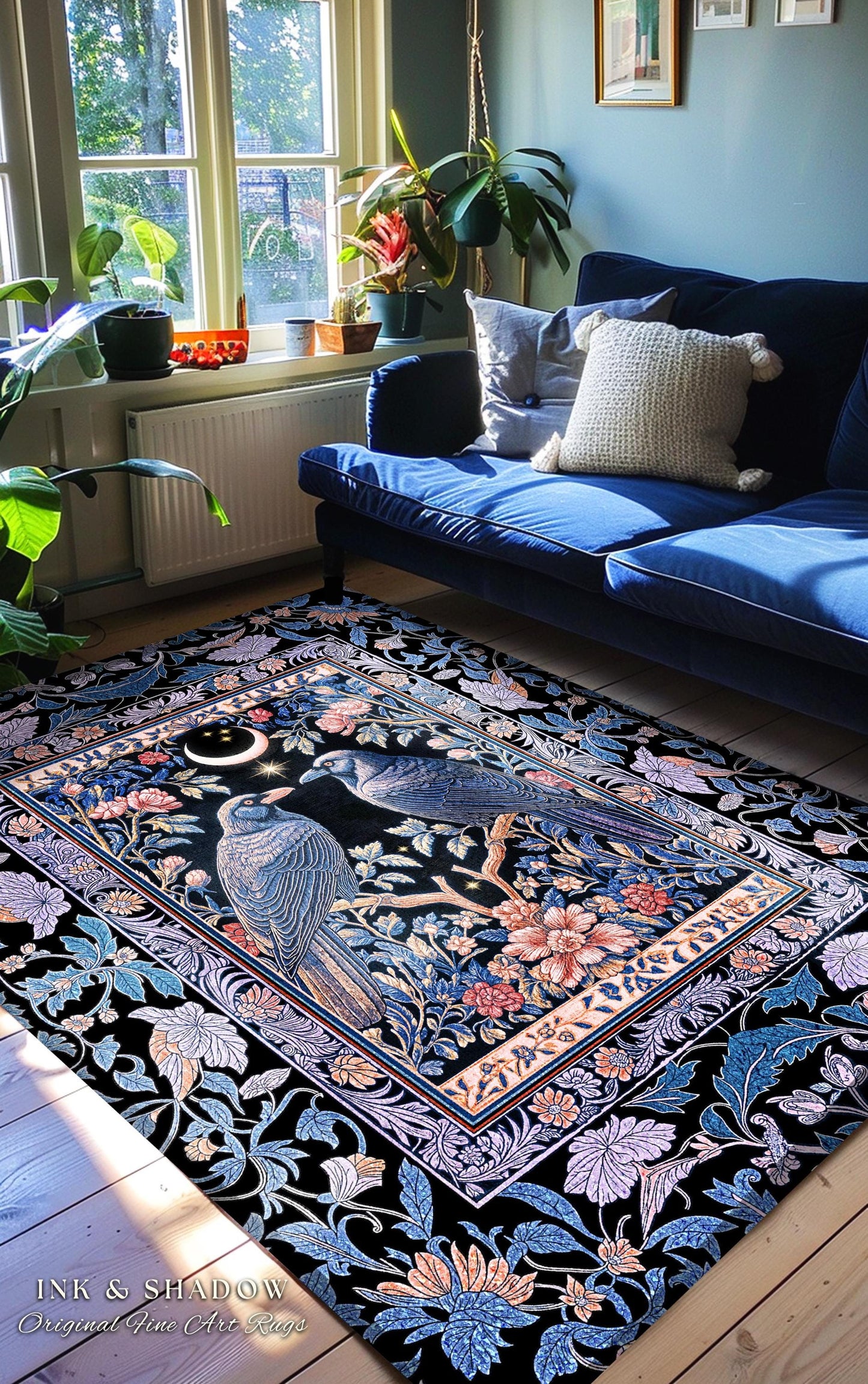 Amethyst Moon Celestial Raven Rug | Witchy Baroque Pattern Cozy Room Decor Gothic Purple Cottagecore Aesthetic Mystical Fairytale Carpet