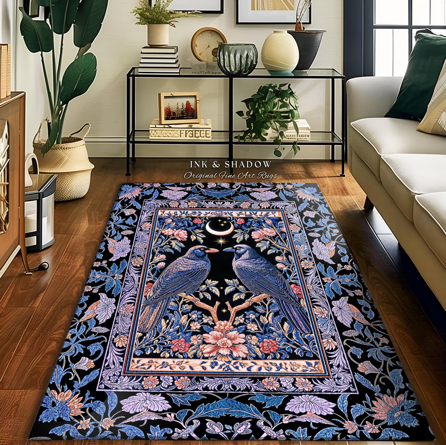 Amethyst Moon Celestial Raven Rug | Witchy Baroque Pattern Cozy Room Decor Gothic Purple Cottagecore Aesthetic Mystical Fairytale Carpet