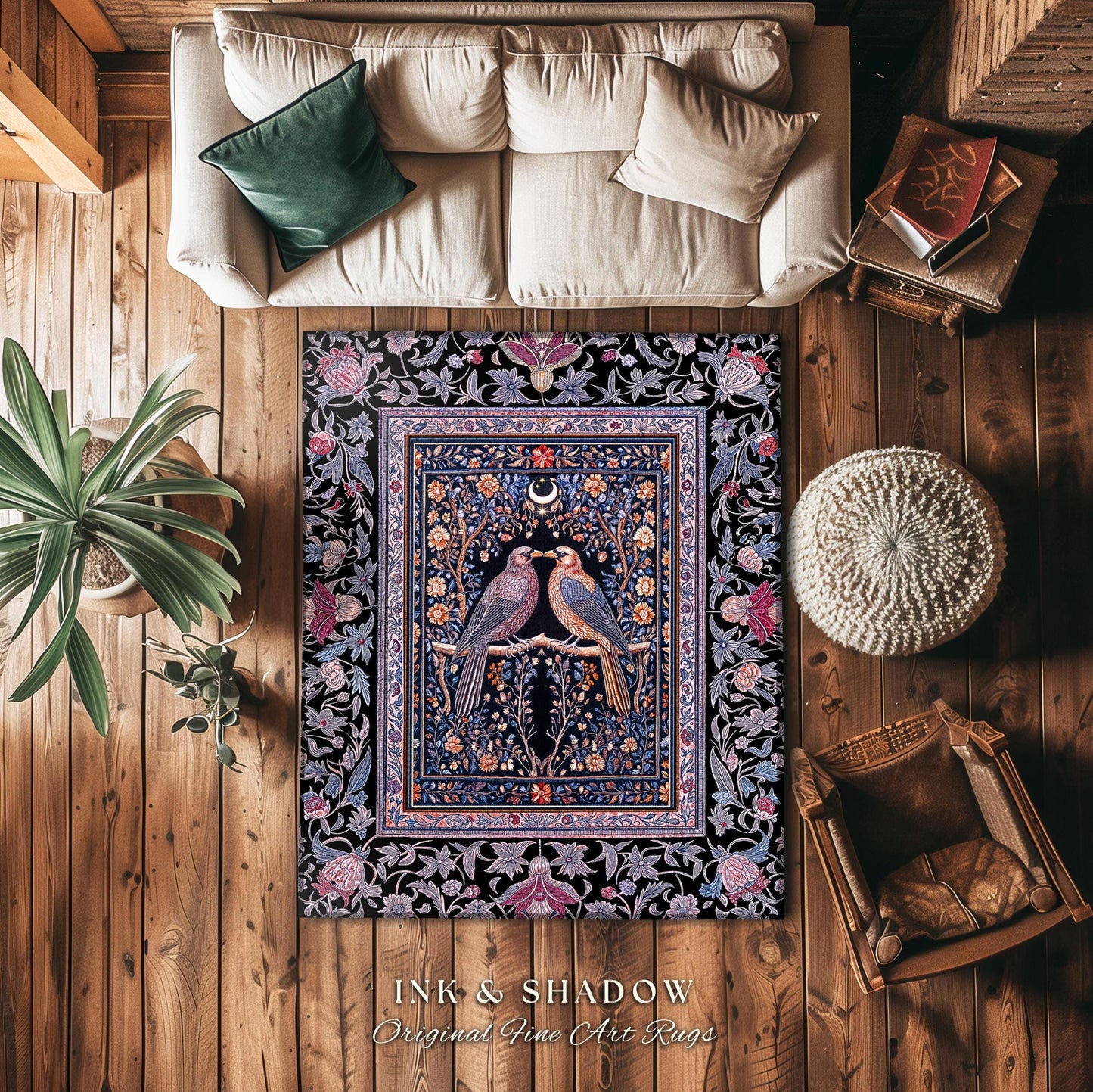 Gothic Victorian Lavender Crow Rug | Baroque Cottagecore Bedroom Accent Whimsical Dark Academia Decor Cozy Enchanted Raven Lovers Fairytale