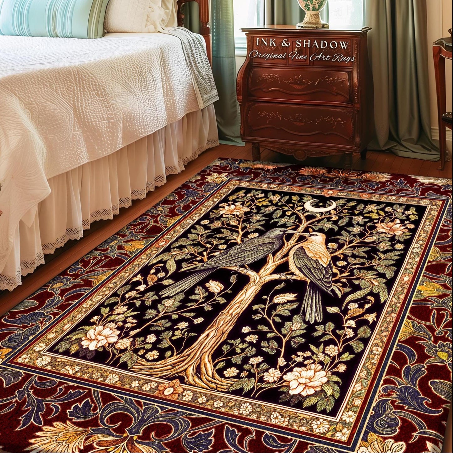 Scandinavian Gothic Crow Accent Rug | Gothic Bohemian Whimsigothic Aesthetic Classical Vibes Dark Witch Bedroom Accent Baroque Maximalist |