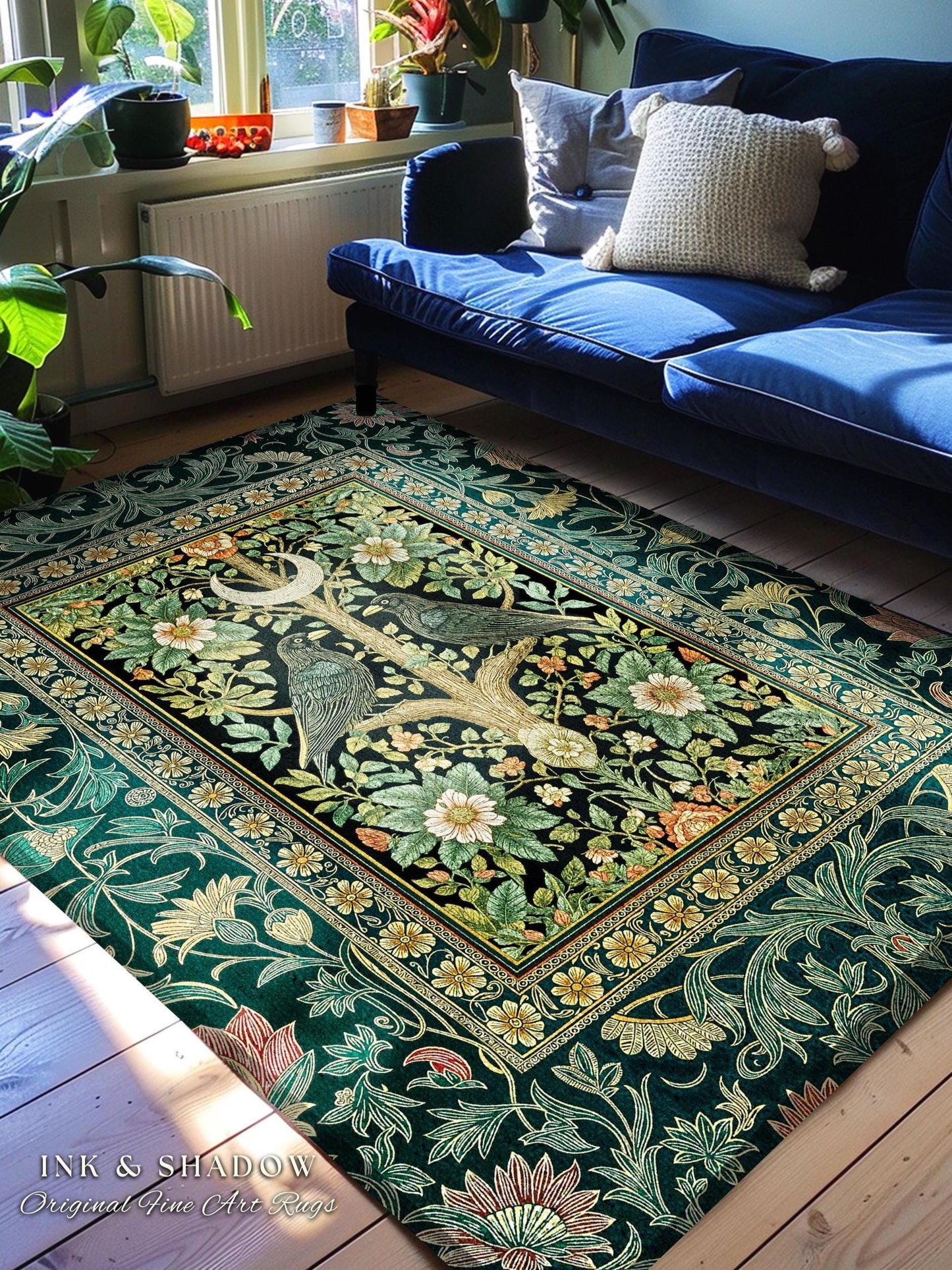 Muted Green Botanical Raven Rug | Rustic Forest Decor Baroque Celestial Accent Cottagecore Bedroom Vintage Inspired Enchanted Fairytale Boho