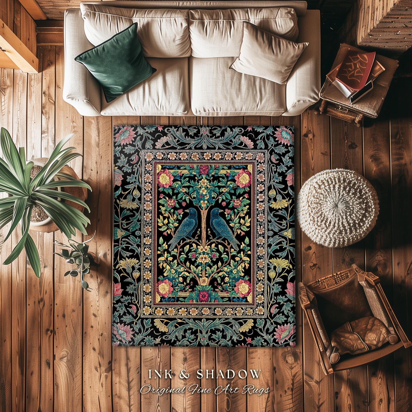Retro Floral Baroque Crow Area Rug | Antique Inspired Decor French Cottage Accent Autumnal Aesthetic Celestial Bedroom Mystical Enchanted |