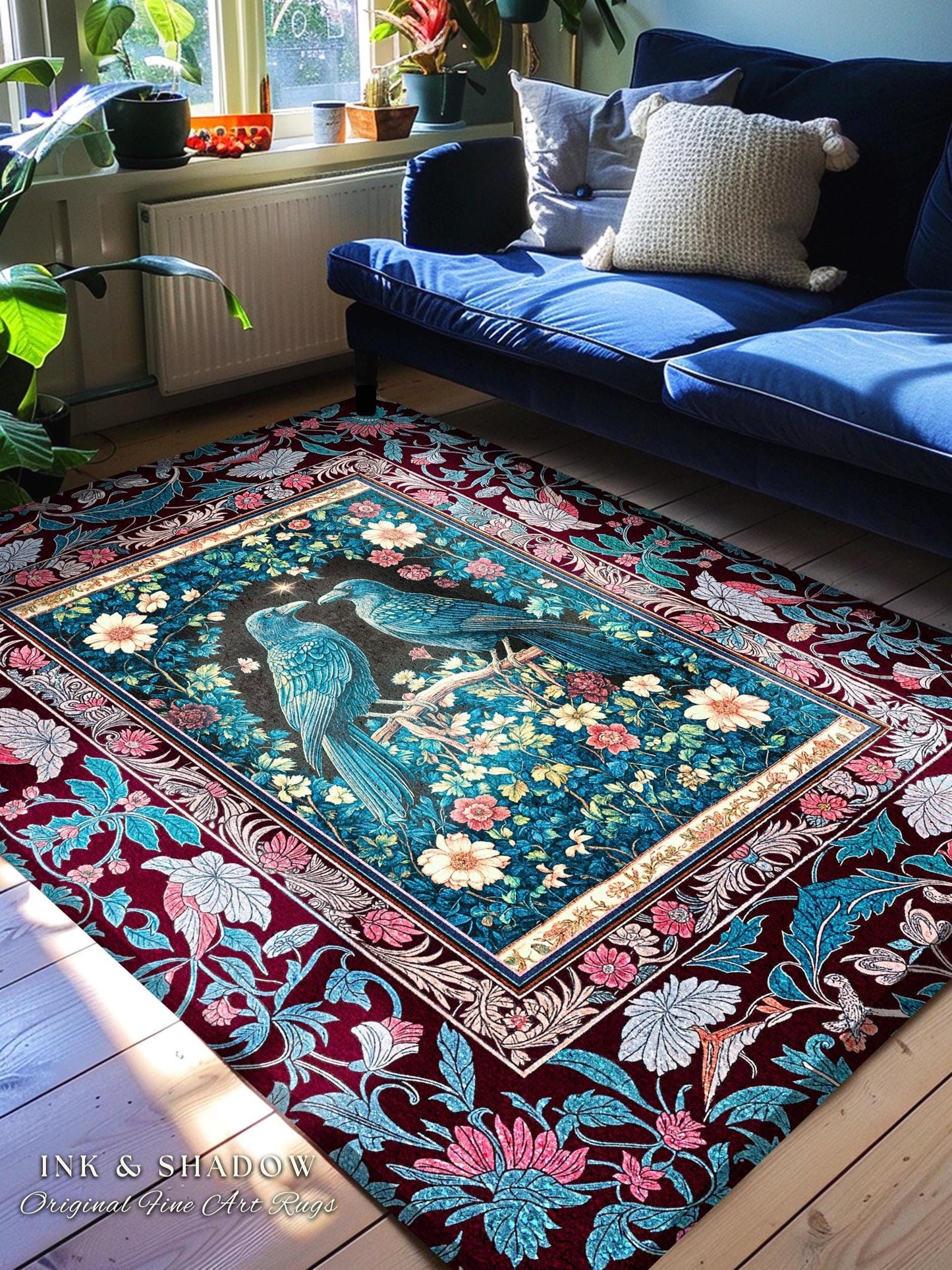 Dark Moody Wildflower Area Rug | Gothic Accent Forest Inspired Celestial Decor Dark Academia Bedroom Enchanted Raven Lovers Mystical Theme |