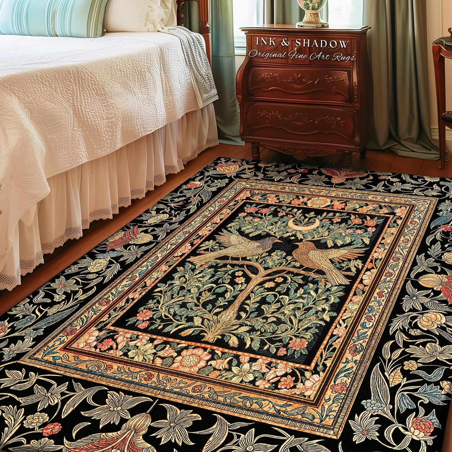 Fairytale Forest Crowcore Accent Rug | Baroque Cottagecore Style Celestial Raven Lovers Decor Cozy Dark Academia Inspired Enchanted Style |