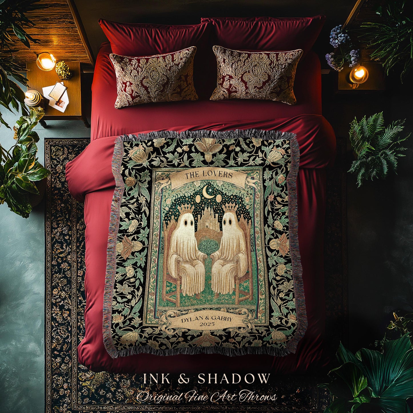 Tarot Ghost Couple ‘The Lovers’ Blanket | Personalized Gothic Woven Throw Floral Ghost Gift for Boyfriend Custom Names Anniversary Blanket |