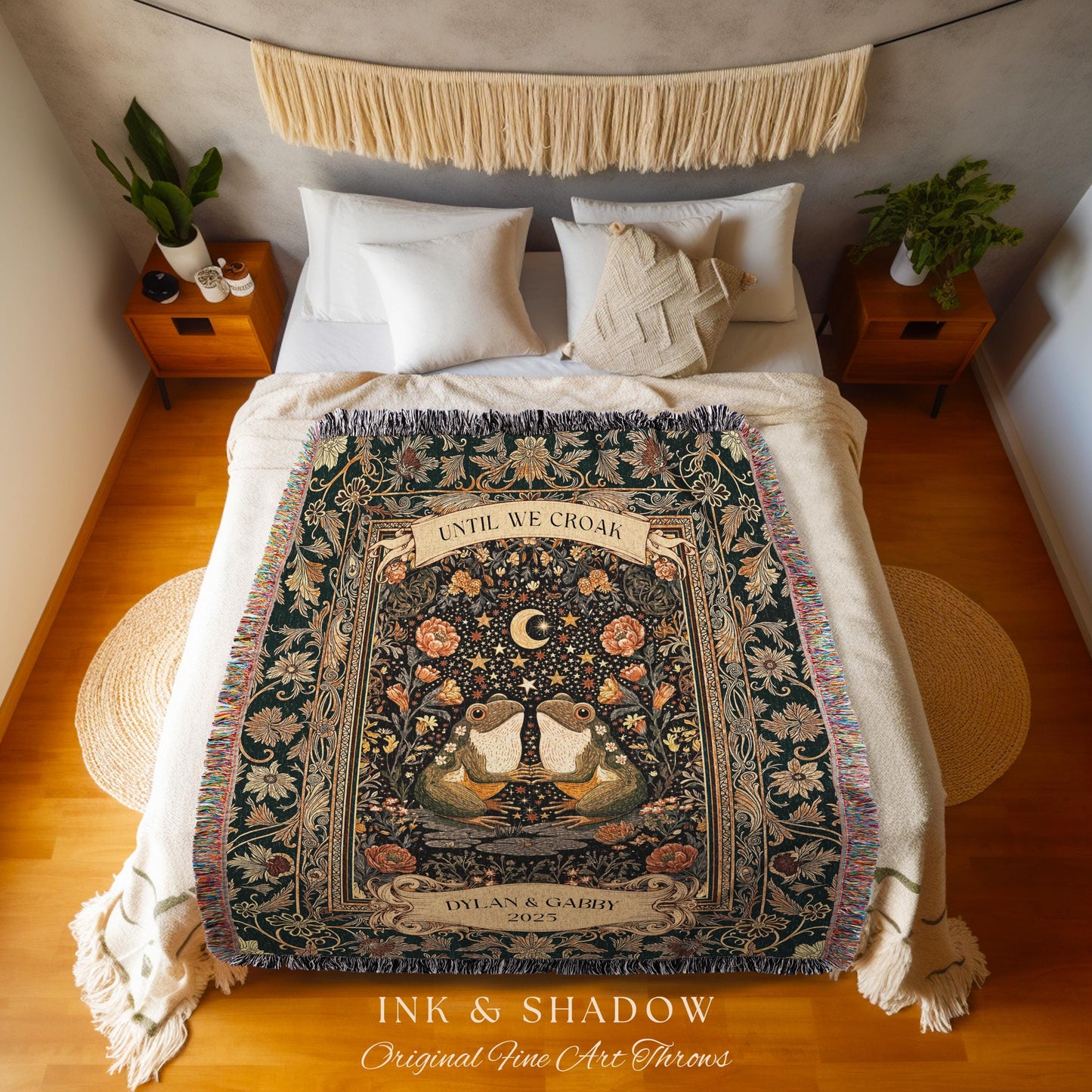 Custom Folklore Frog Couple Blanket | Scandi Bohemian Anniversary Gift Whimsical Eclectic Woodland Wedding Cute Cottagecore Mushroomcore Art