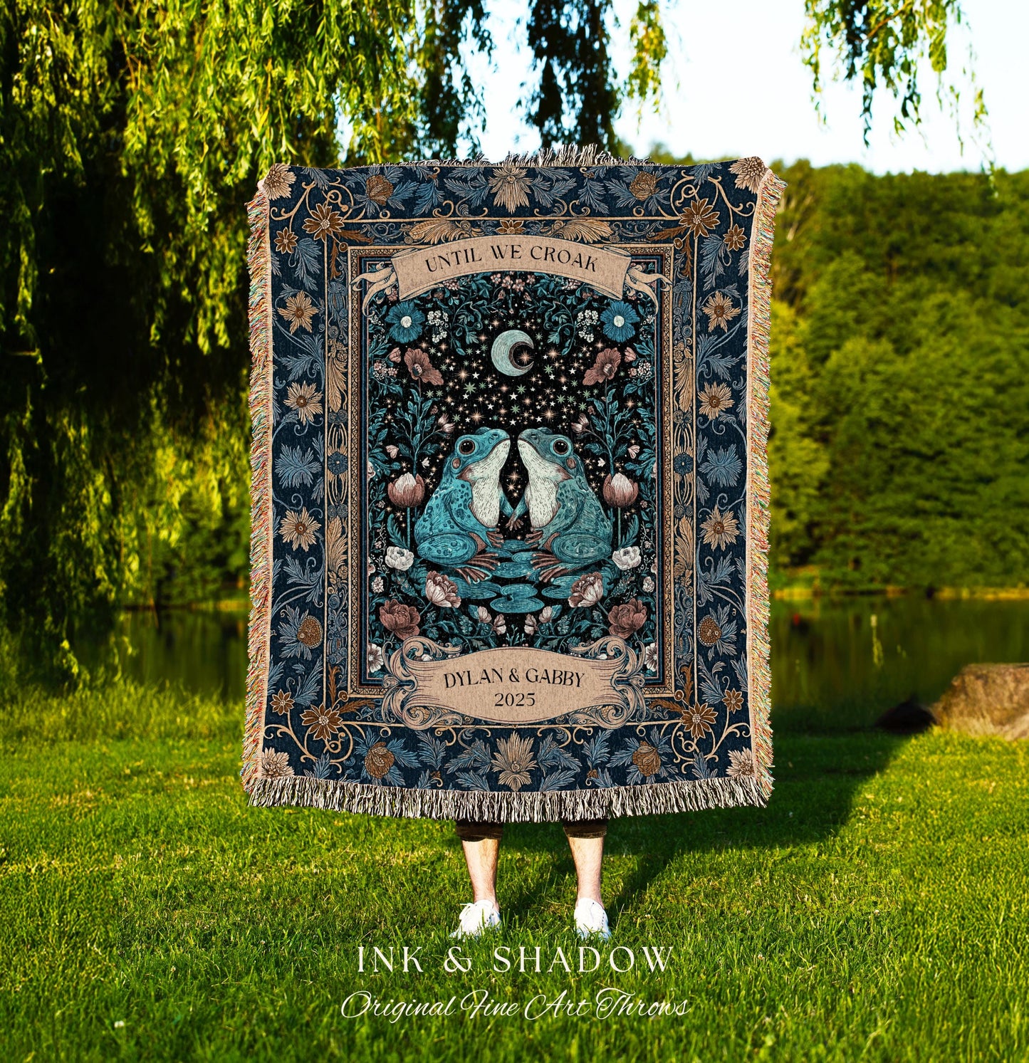 Witchy Wedding Frog Lovers Custom Throw | Enchanted Toad Mystical Cottagecore Personalized Blanket Fairycore Woodland Couple Custom Tapestry