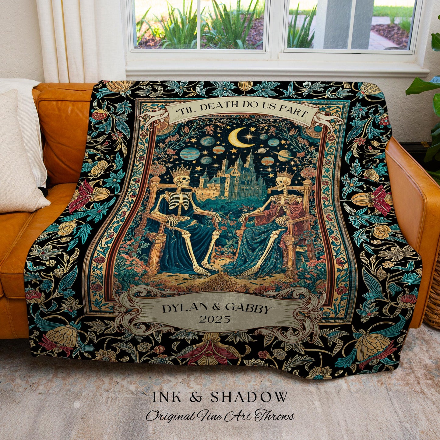 Starlit Skeleton Lovers Celestial Throw | Gothic Castle Whimsigothic Romance Cosmic Sky Baroque Magical Personalized King and Queen Blanket