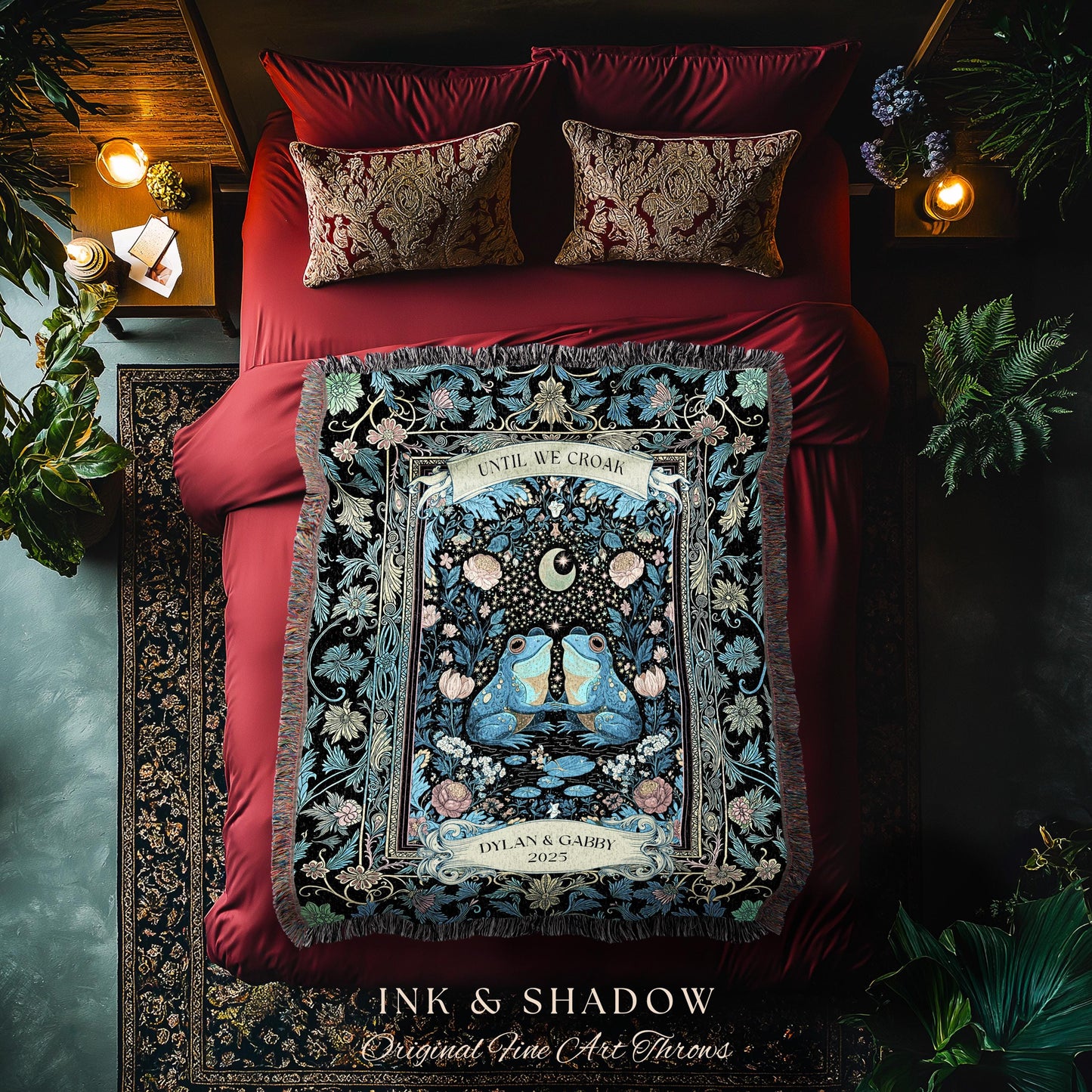 Personalized Frog Lovers Blue Moon Throw | Whimsigoth Woven Tapestry Enchanted Garden Until we Croak Gift Goblincore Couple Custom Blanket