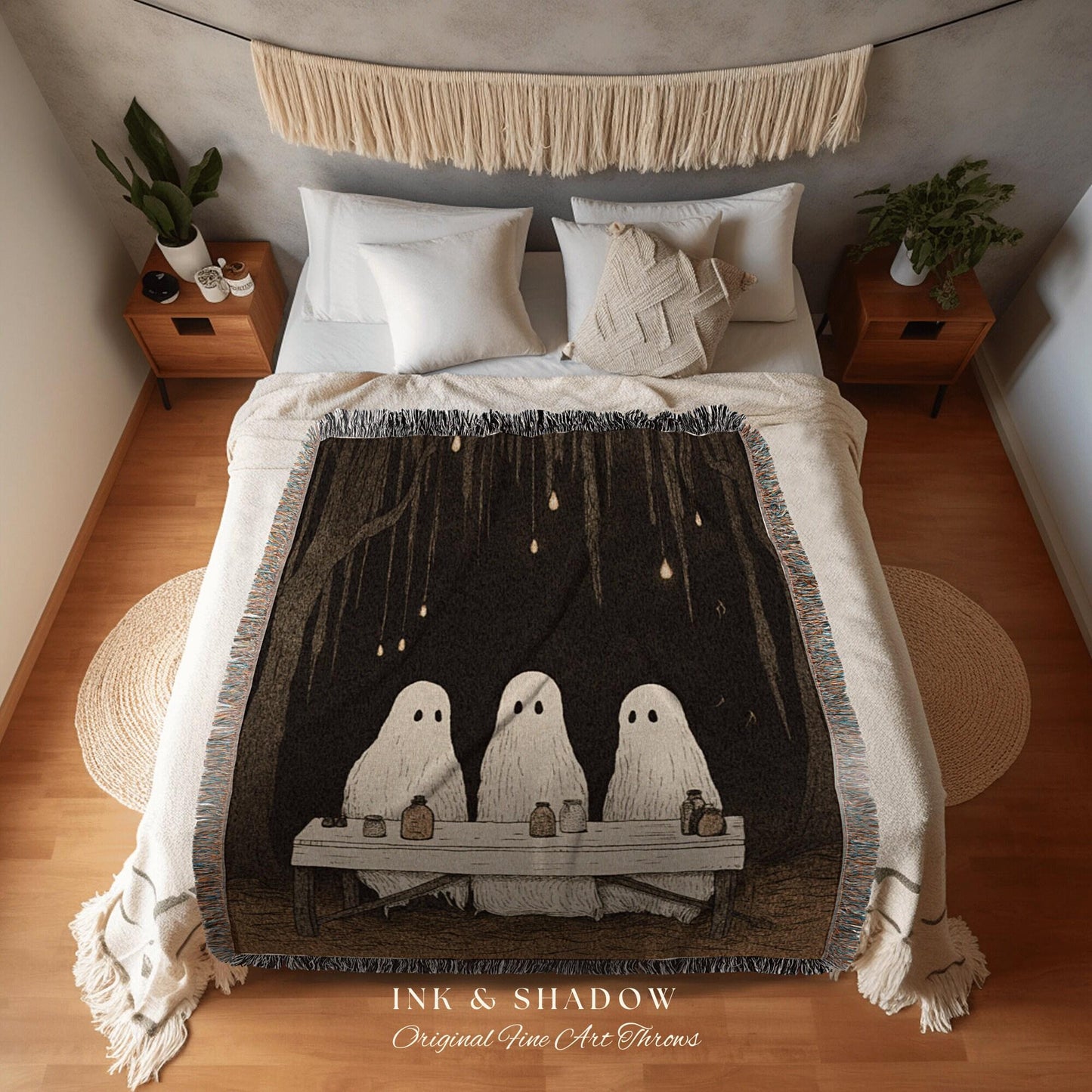Ghost Family Retro Halloween Decor Blanket Woven | Spooky Cute Ghost Art Woven Tapestry Blanket Halloween Decor Dark Academia Vintage Decor