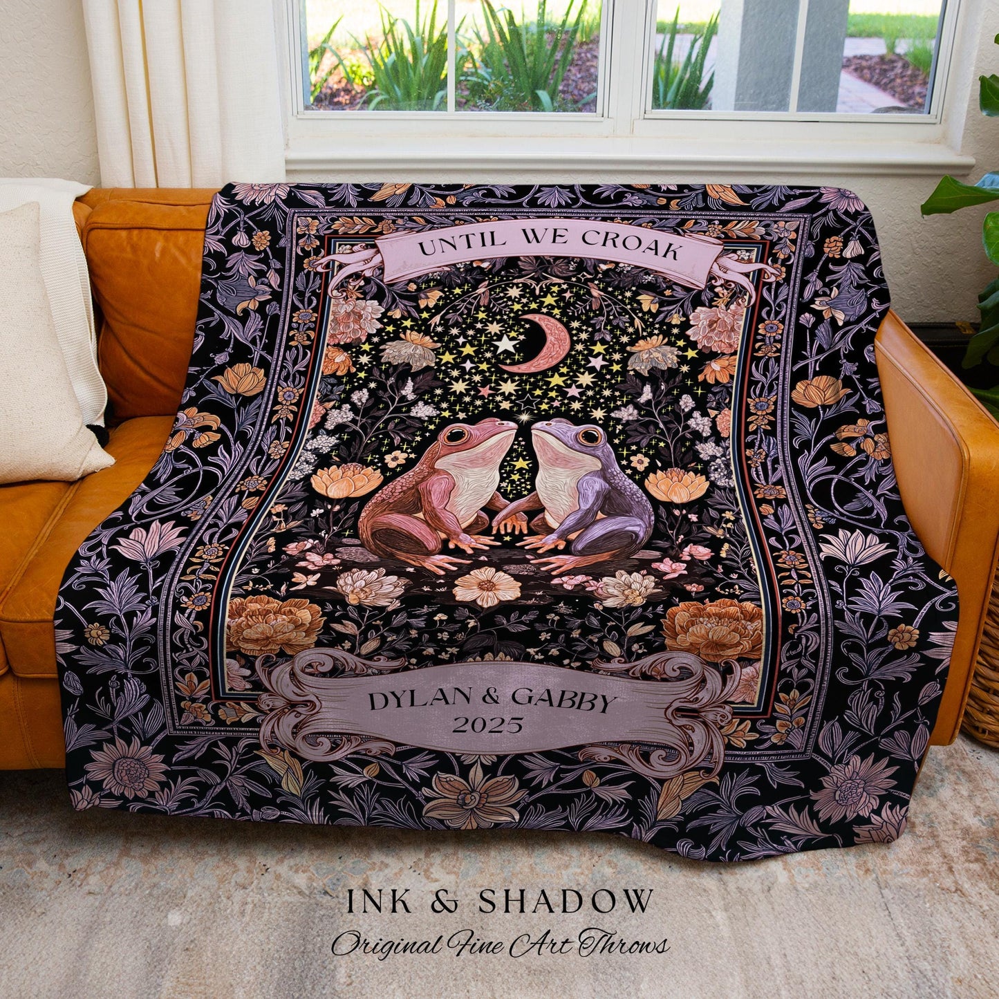 Soft Fairycore Frog Couple Custom Throw | Purple Whimsical Personalized Anniversary Cottagecore Aesthetic Until We Croak Wedding Blanket |