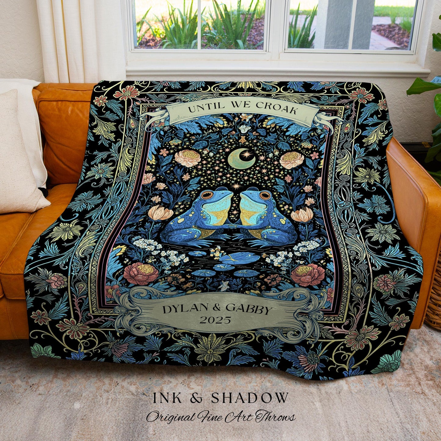 Personalized Frog Lovers Blue Moon Throw | Whimsigoth Woven Tapestry Enchanted Garden Until we Croak Gift Goblincore Couple Custom Blanket