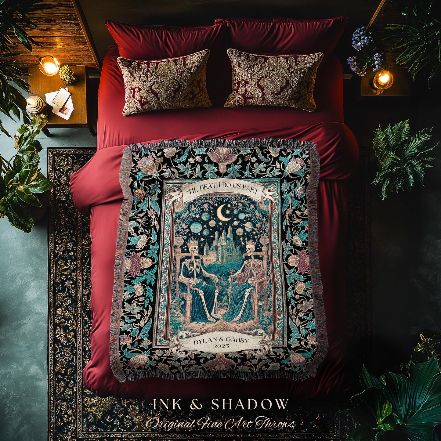 Starlit Skeleton Lovers Celestial Throw | Gothic Castle Whimsigothic Romance Cosmic Sky Baroque Magical Personalized King and Queen Blanket