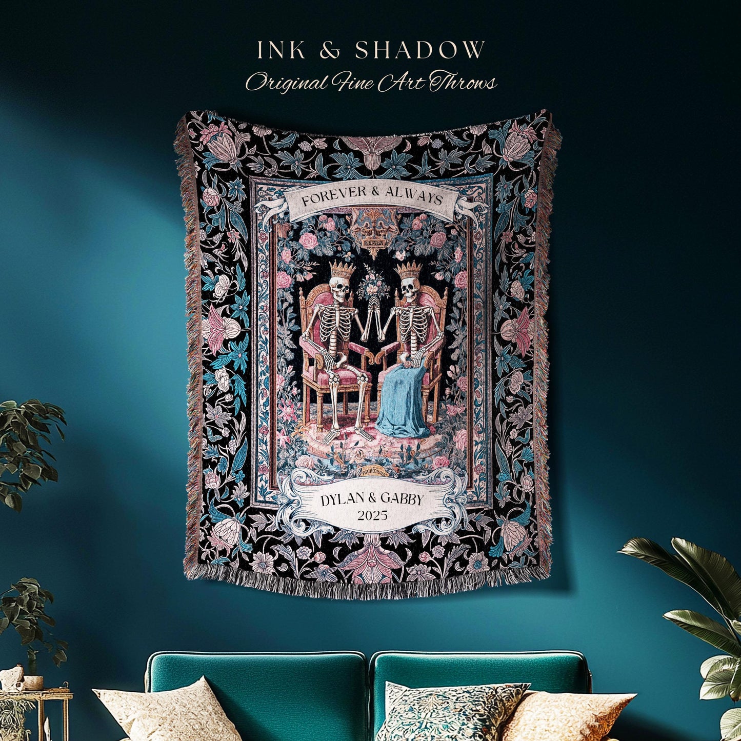 Custom Names Skeleton Couple Floral Throw | Baroque Aesthetic Renaissance Personalized Gothic Fairytale Magic Royal Theme Wedding Celestial