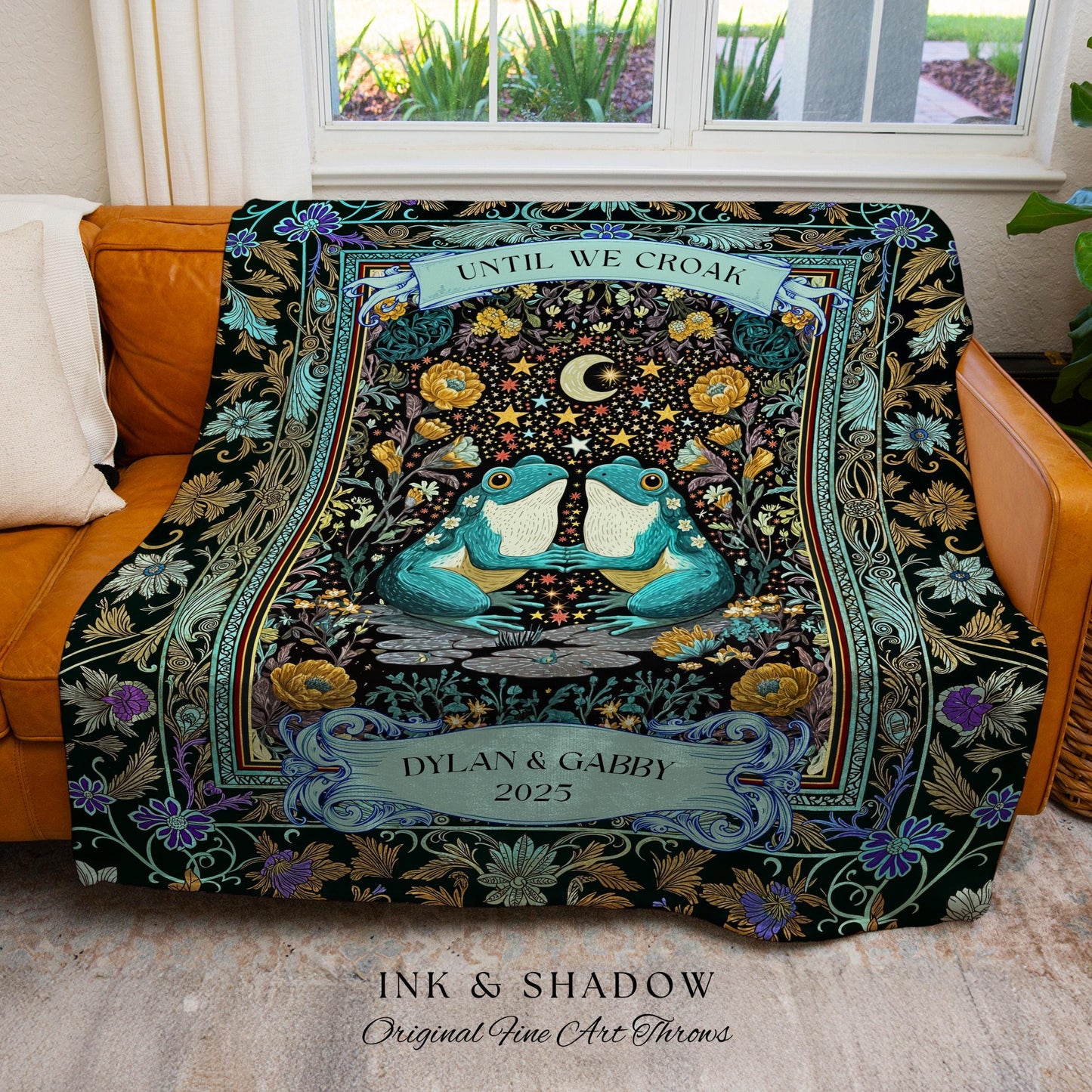 Frog and Toad Celestial Lovers Tapestry | Dark Cottagecore Whimsigoth Couple Goblincore Wedding Anniversary Mystic Theme Botanical Folklore