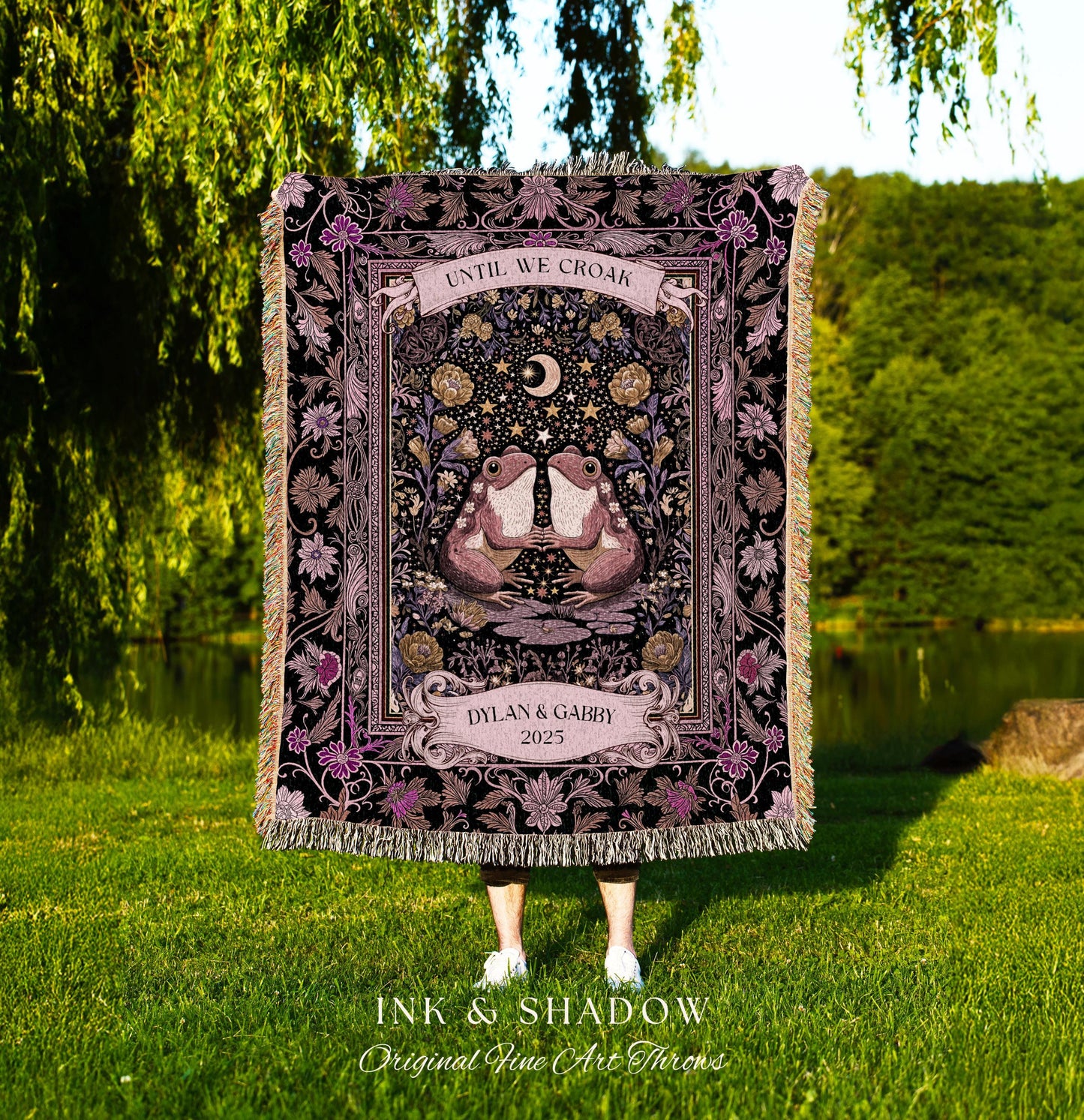 Pastel Goblincore Custom Frog Couple Tapestry | Cottagecore Lovers Whimsigothic Enchanted Personalized Fairycore Girlfriend Gift Botanical