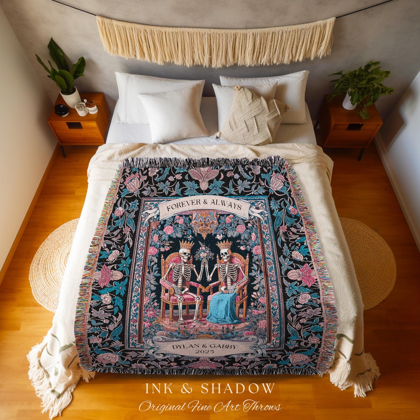 Custom Names Skeleton Couple Floral Throw | Baroque Aesthetic Renaissance Personalized Gothic Fairytale Magic Royal Theme Wedding Celestial