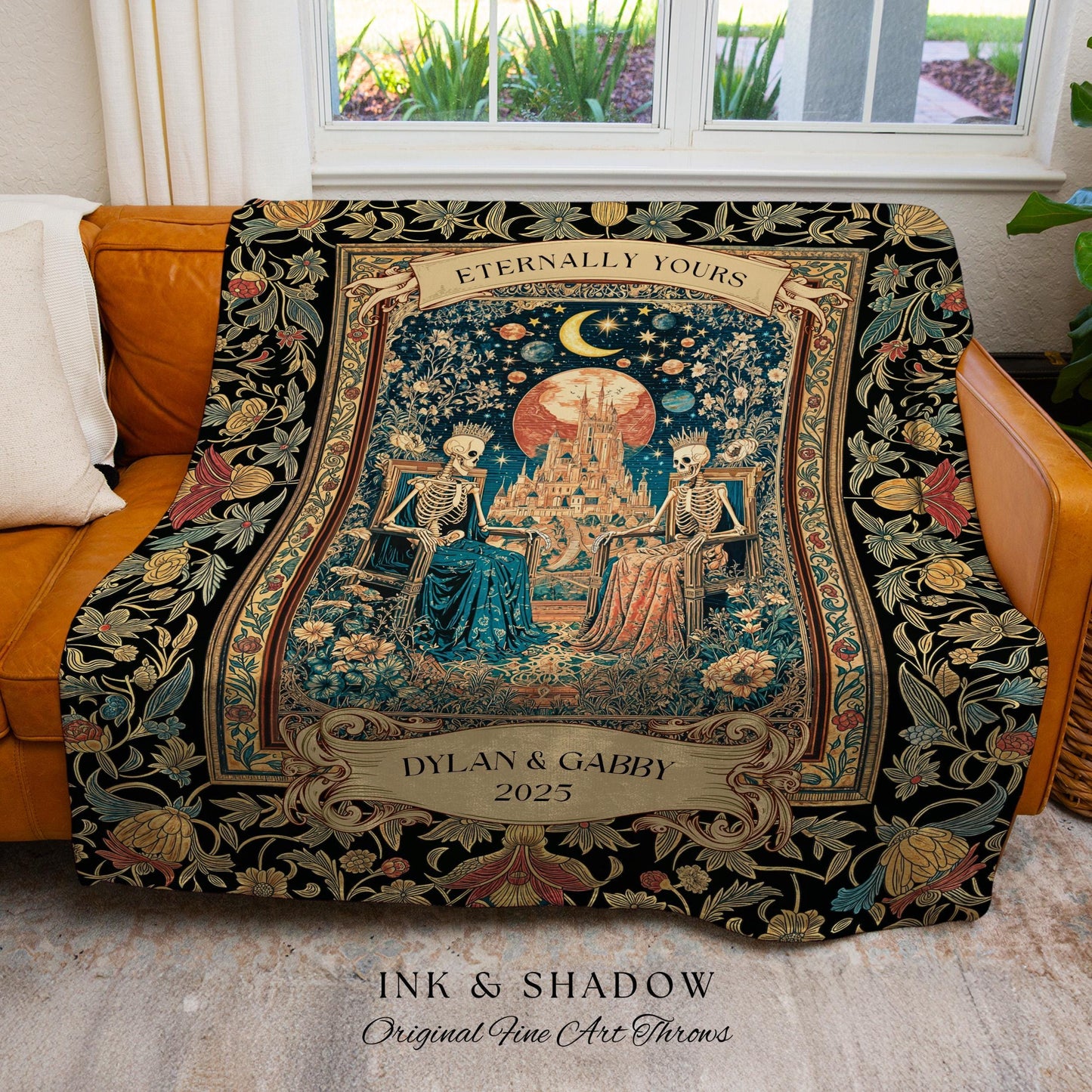 Golden Custom Skeleton Couple Throw | Celestial Personalized Gothic Lovers Moonlit Romantic Baroque Floral Gothic Fairytale Magic Blanket |