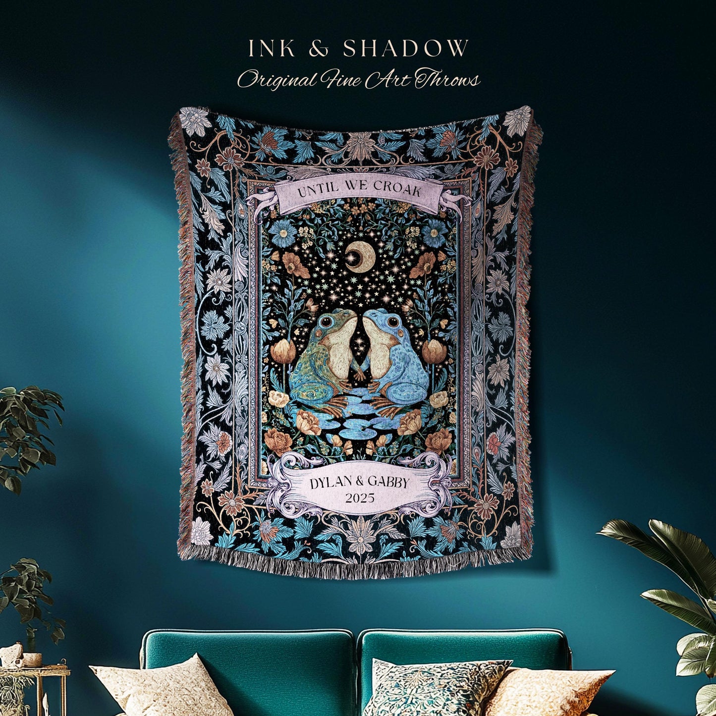 Magical Frog Lovers Personalized Throw | Whimsical Couple Enchanted Forestcore Wedding Mystical Fantasy Aesthetic Goblincore Forest Blanket