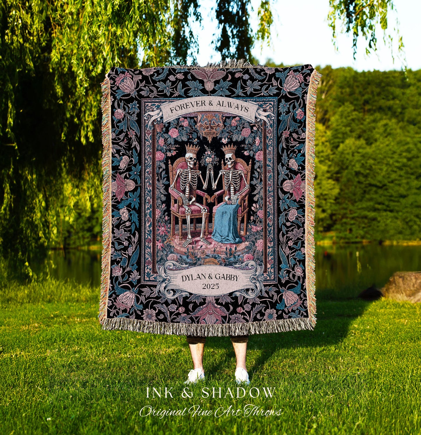 Custom Names Skeleton Couple Floral Throw | Baroque Aesthetic Renaissance Personalized Gothic Fairytale Magic Royal Theme Wedding Celestial