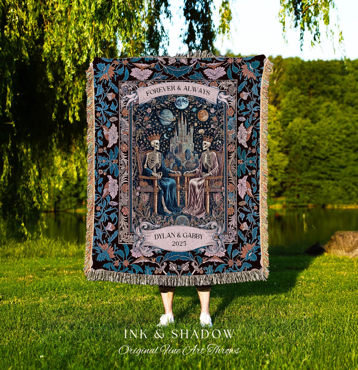 Anniversary Blanket Skeleton Royals Throw | Castle Couple Celestial Gothic Moonlit Fairytale Personalized Baroque Crowned Lovers Custom Art