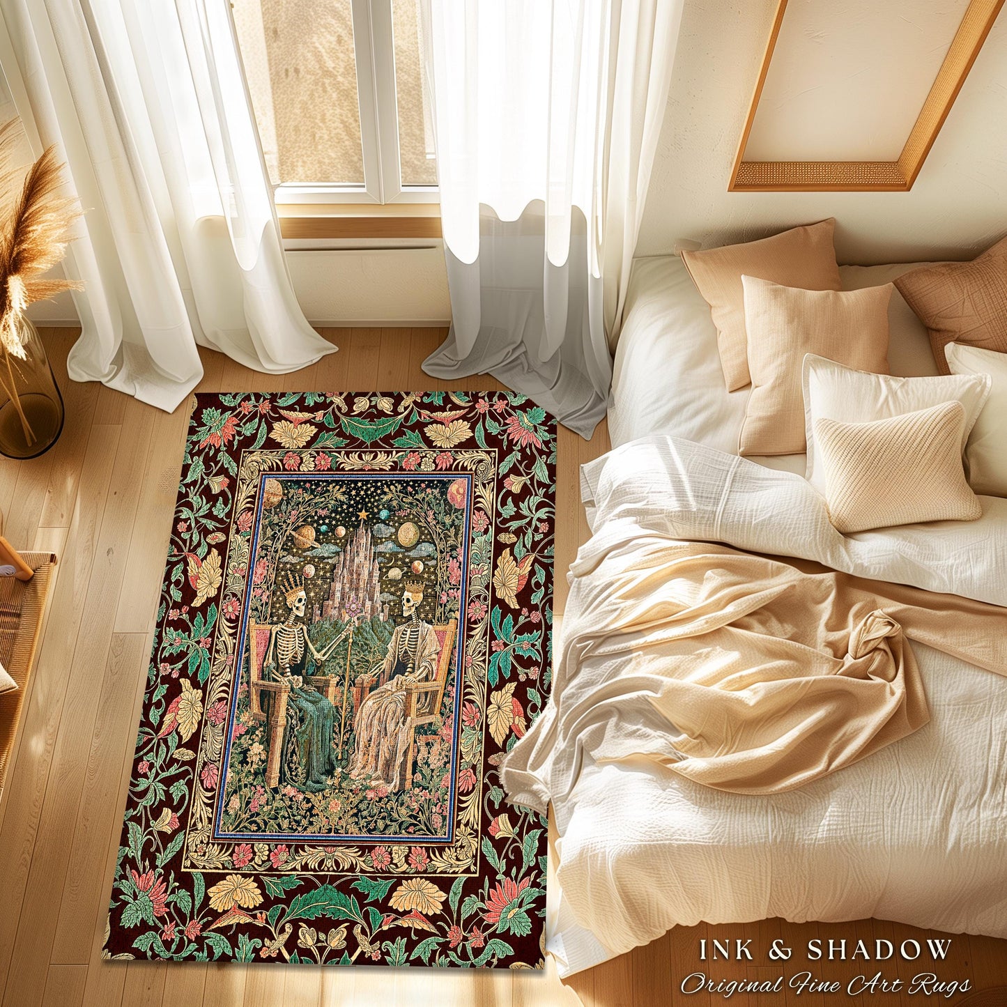 Pastel Witchy Skeleton Couple Area Rug | Dark Academia Whimsical Fantasy Occult Spooky Gothic Couple Bedroom Accent Wiccan Dark Aesthetic |