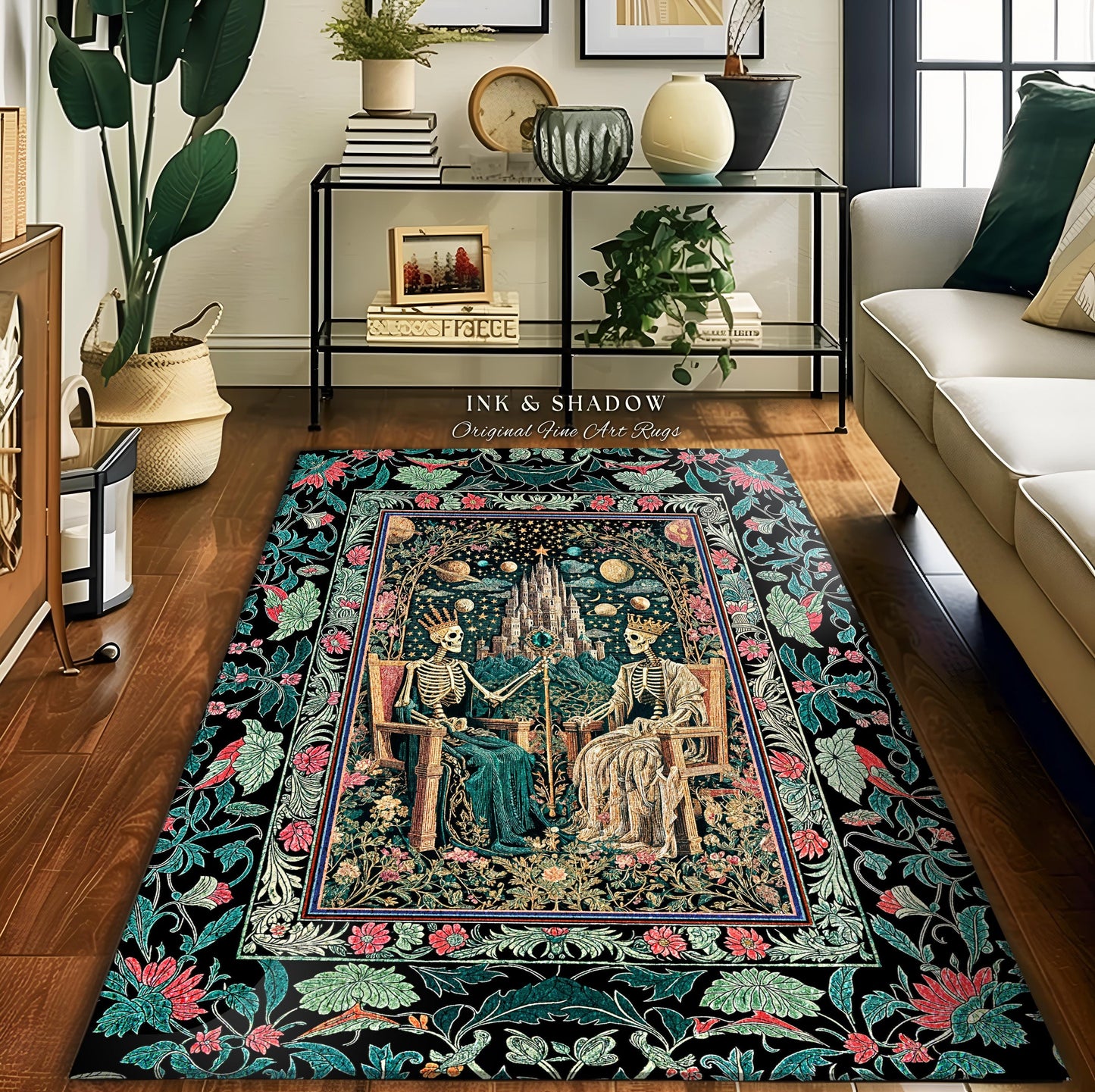 Gothic Regency Skeleton Area Rug | Celestial Crowned Witchy Whimsical Magic Fantasy Decor Fairytale Mystical Royal Lovers Baroque Accent |