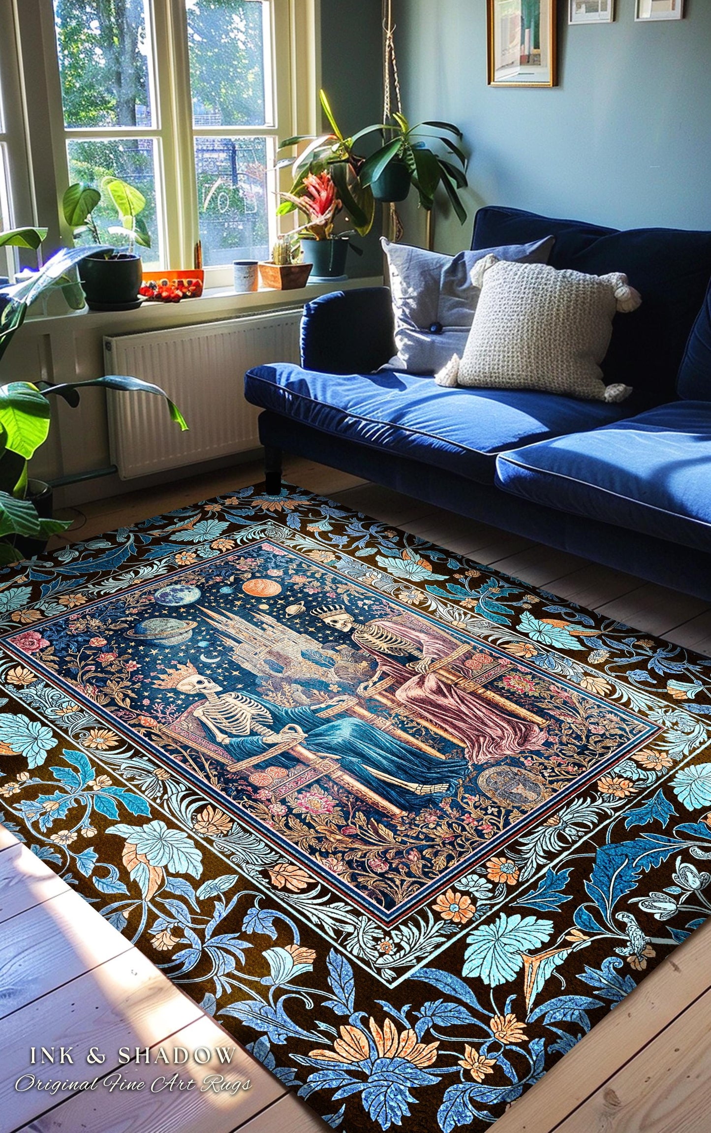 Moonlit Skeleton Lovers Celestial Accent Rug | Gothic Aesthetic Royal Romance Baroque Fantasy Cosmic Pastel Whimsical Bedroom Mystical Style