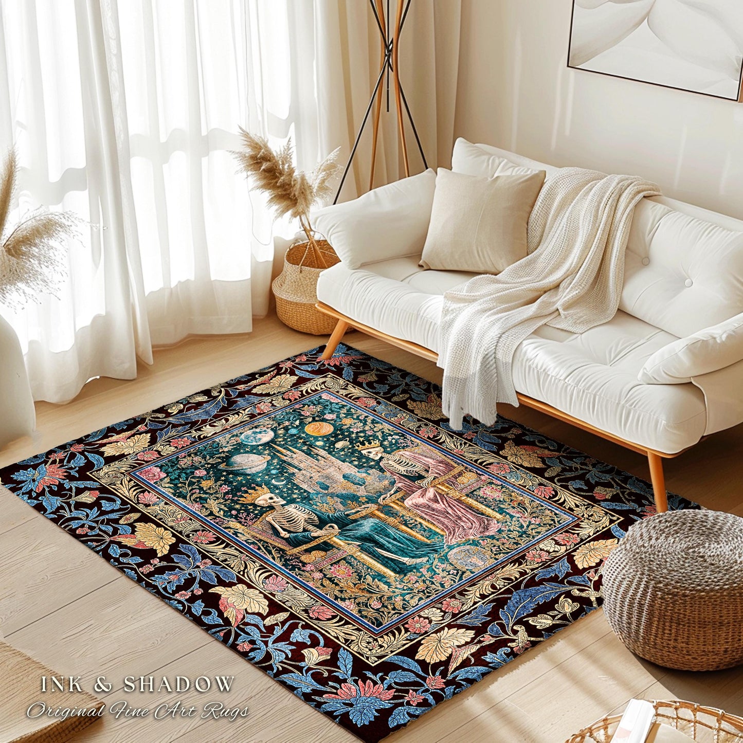 Moody Baroque Skeleton Royals Rug | Celestial Castle Gothic Ethereal Pastel Bedroom Magic Decor Whimsical Fantasy Lovers Mystical Accent |