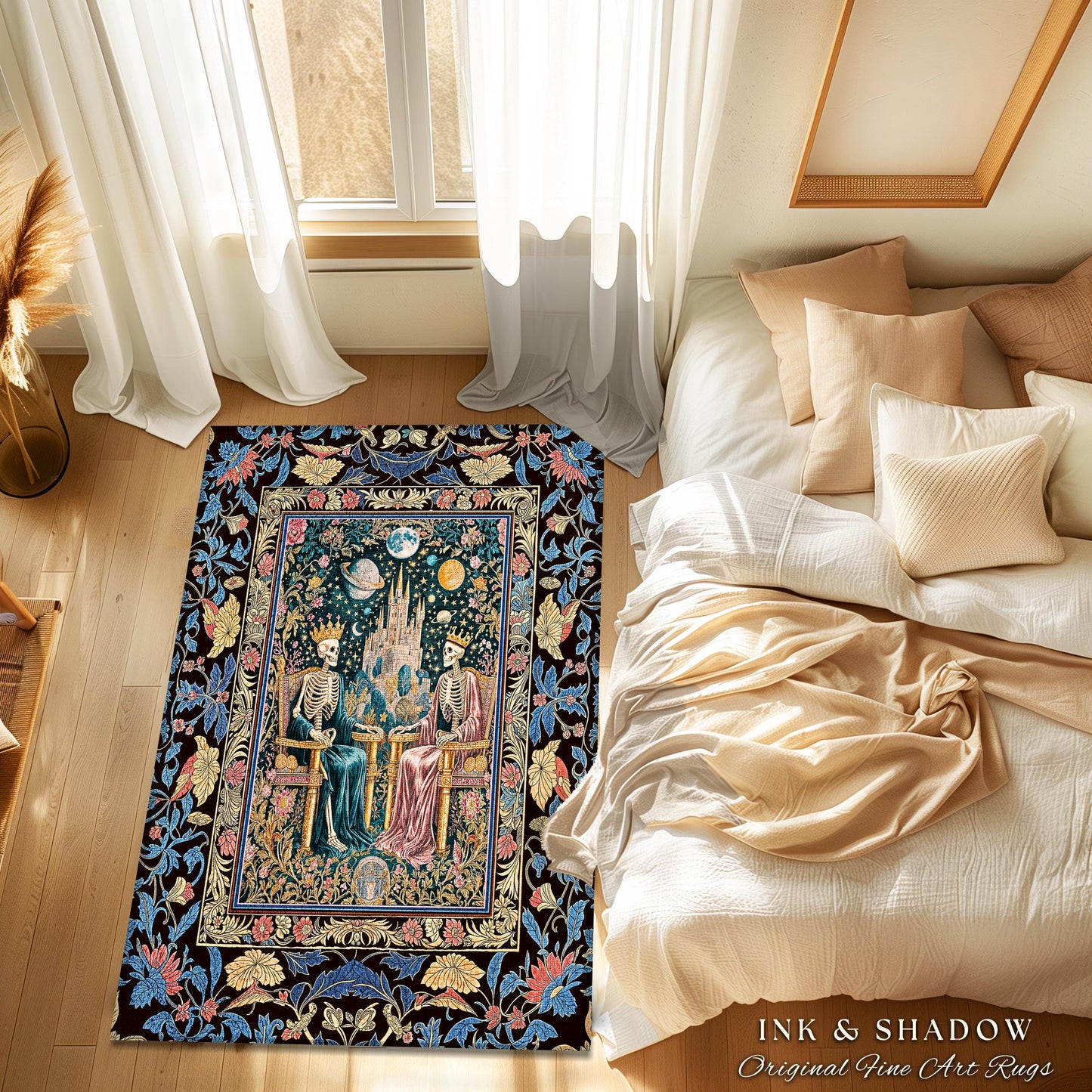 Moody Baroque Skeleton Royals Rug | Celestial Castle Gothic Ethereal Pastel Bedroom Magic Decor Whimsical Fantasy Lovers Mystical Accent |