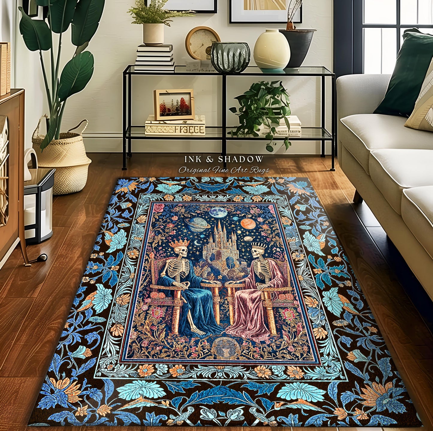 Moonlit Skeleton Lovers Celestial Accent Rug | Gothic Aesthetic Royal Romance Baroque Fantasy Cosmic Pastel Whimsical Bedroom Mystical Style
