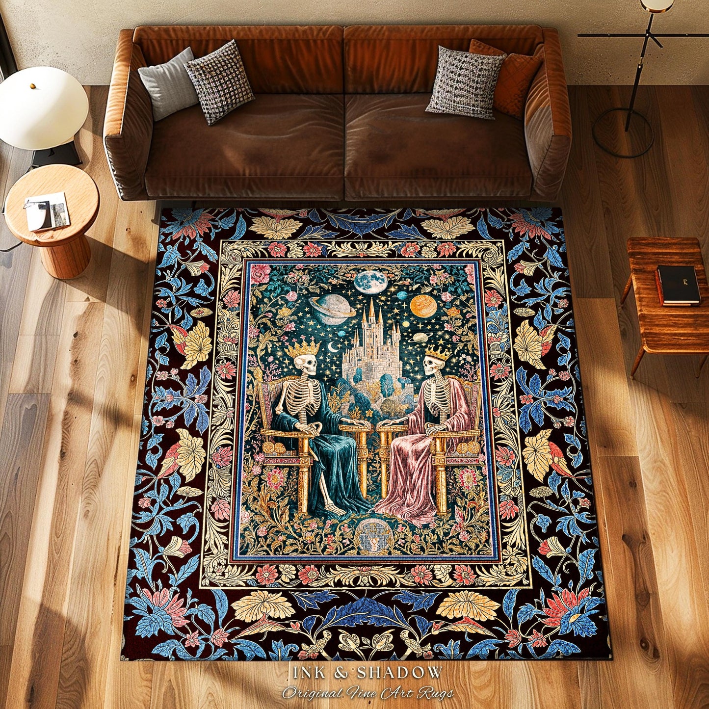 Moody Baroque Skeleton Royals Rug | Celestial Castle Gothic Ethereal Pastel Bedroom Magic Decor Whimsical Fantasy Lovers Mystical Accent |