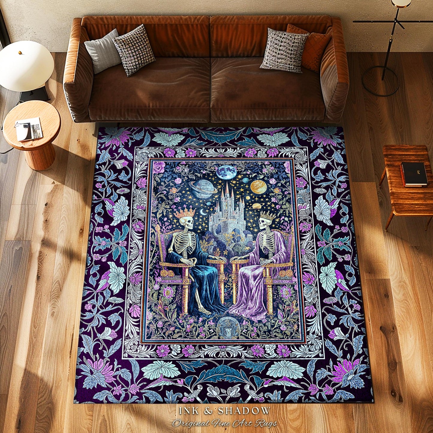Lavender Skeleton Throne Celestial Rug | Whimsical Baroque Lovers Gothic Fairytale Magic Regency King and Queen Ethereal Floral Aesthetic |