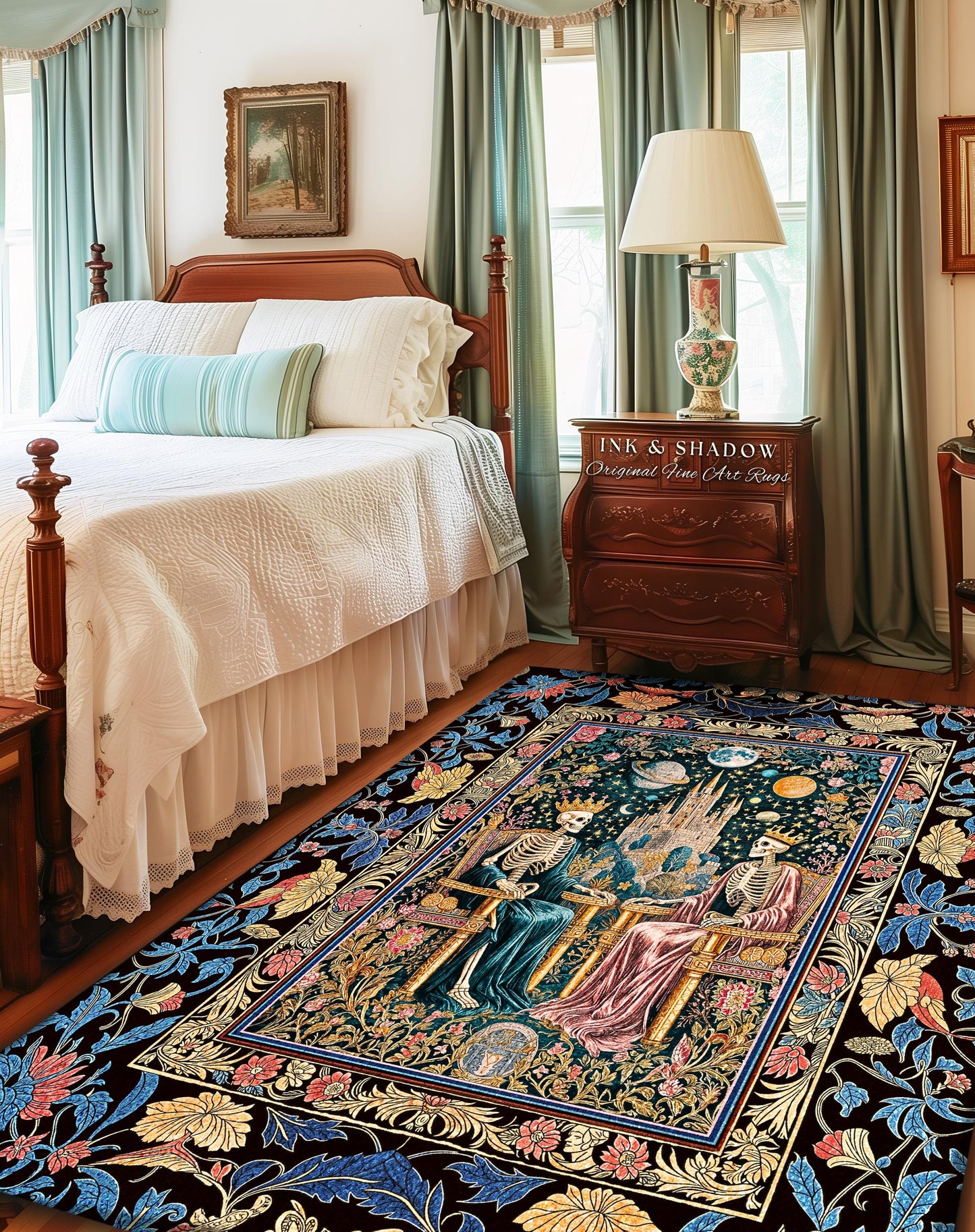Moody Baroque Skeleton Royals Rug | Celestial Castle Gothic Ethereal Pastel Bedroom Magic Decor Whimsical Fantasy Lovers Mystical Accent |