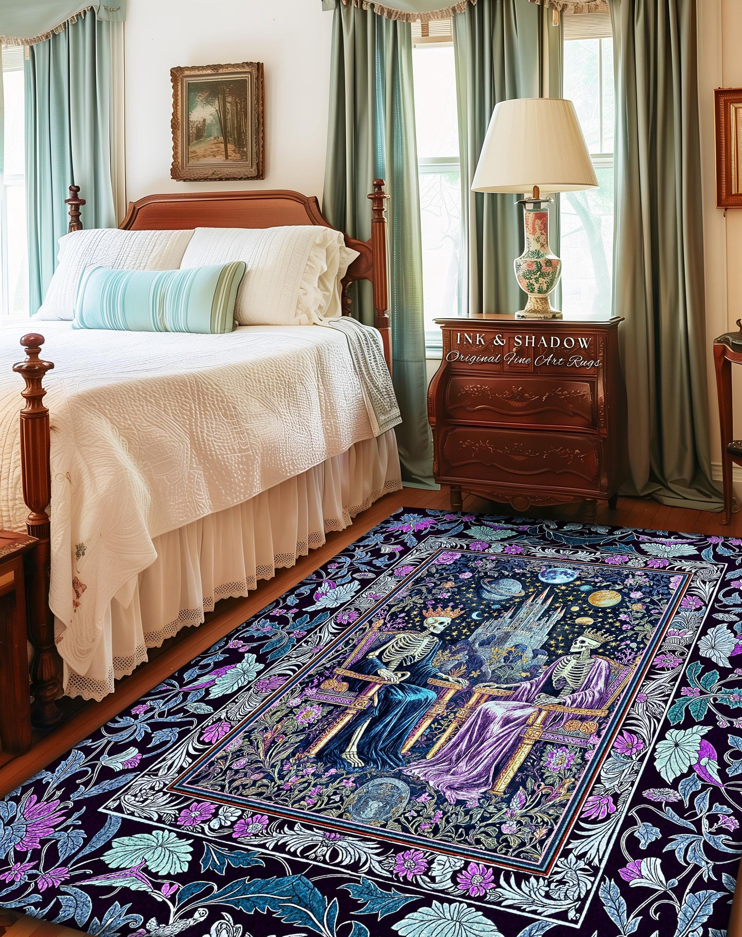 Lavender Skeleton Throne Celestial Rug | Whimsical Baroque Lovers Gothic Fairytale Magic Regency King and Queen Ethereal Floral Aesthetic |