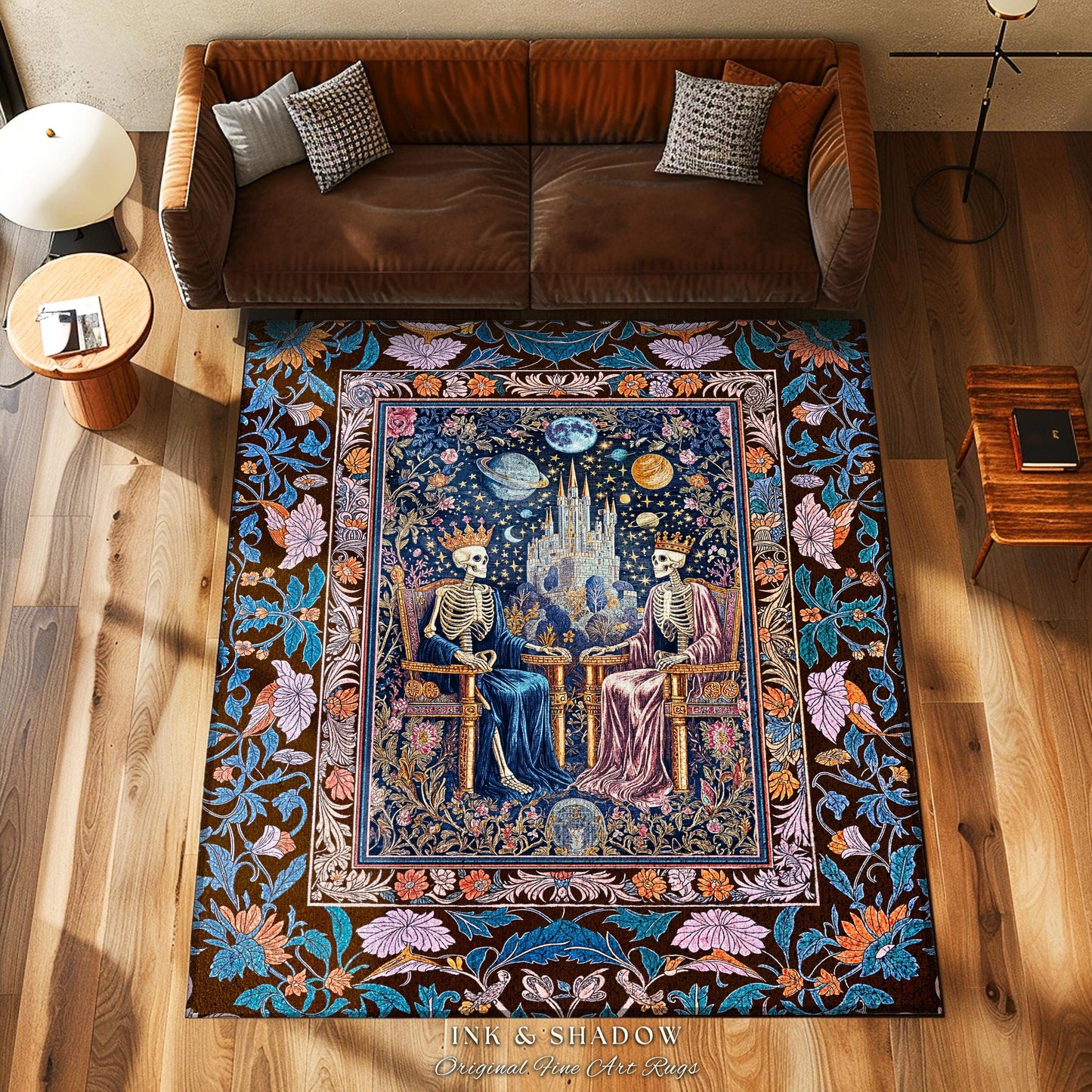 Maximalist Skeleton Royals Pastel Area Rug | Castle Couple Celestial Gothic Moonlit Fairytale Scene Baroque Floral Crowned Lovers Accent Rug