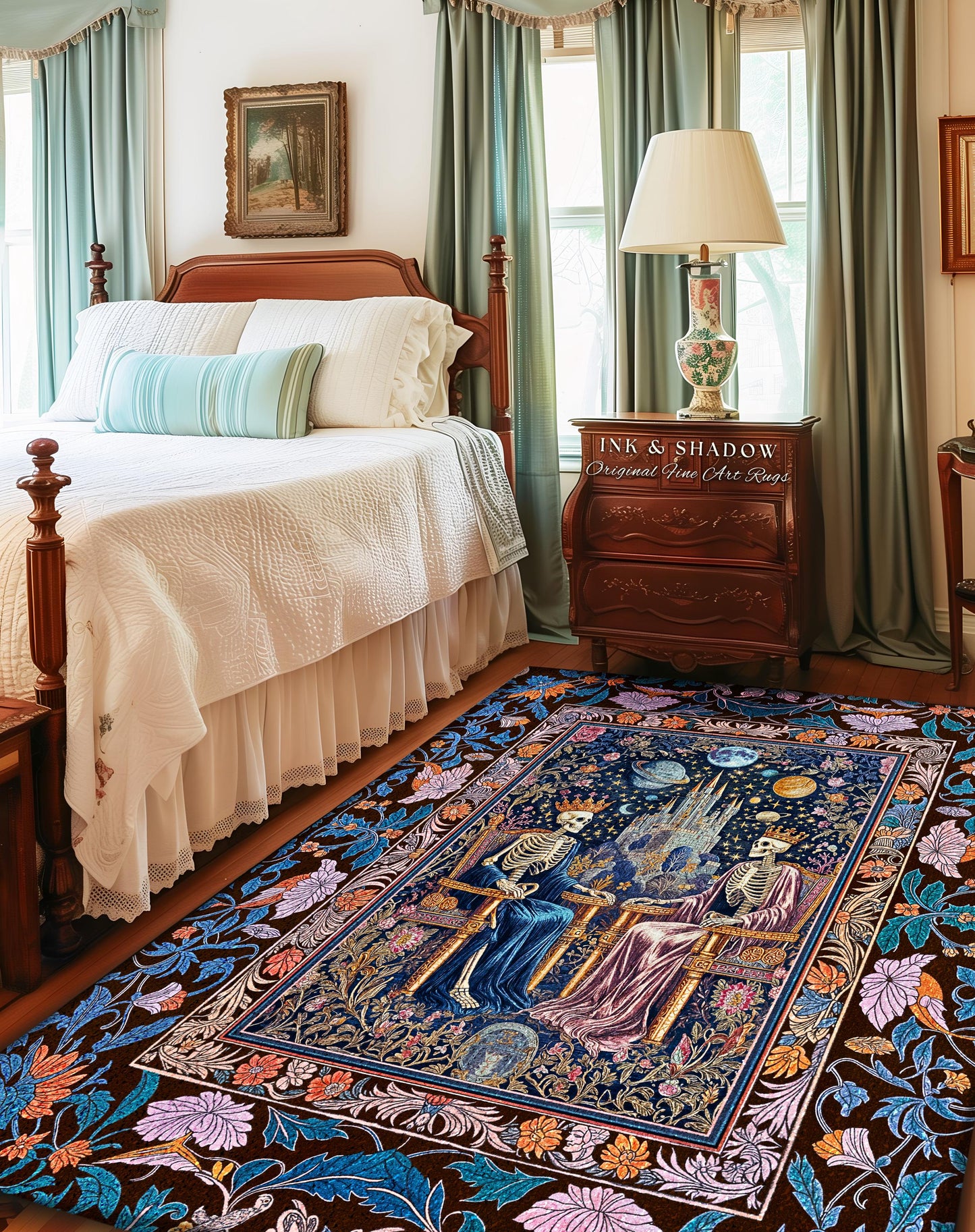 Maximalist Skeleton Royals Pastel Area Rug | Castle Couple Celestial Gothic Moonlit Fairytale Scene Baroque Floral Crowned Lovers Accent Rug