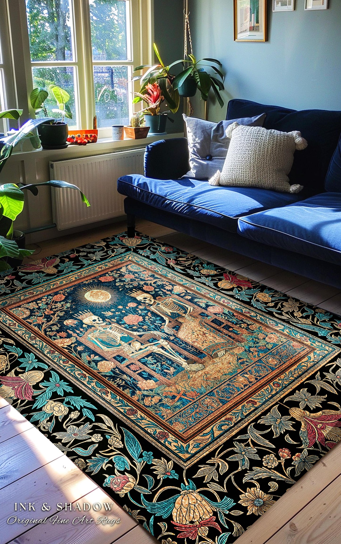 Macabre Skeleton Couple Witchy Area Rug | Golden Garden Sunlit Throne Accent Rug Gothic Celestial Fairytale Baroque Floral Fantasy Decor |