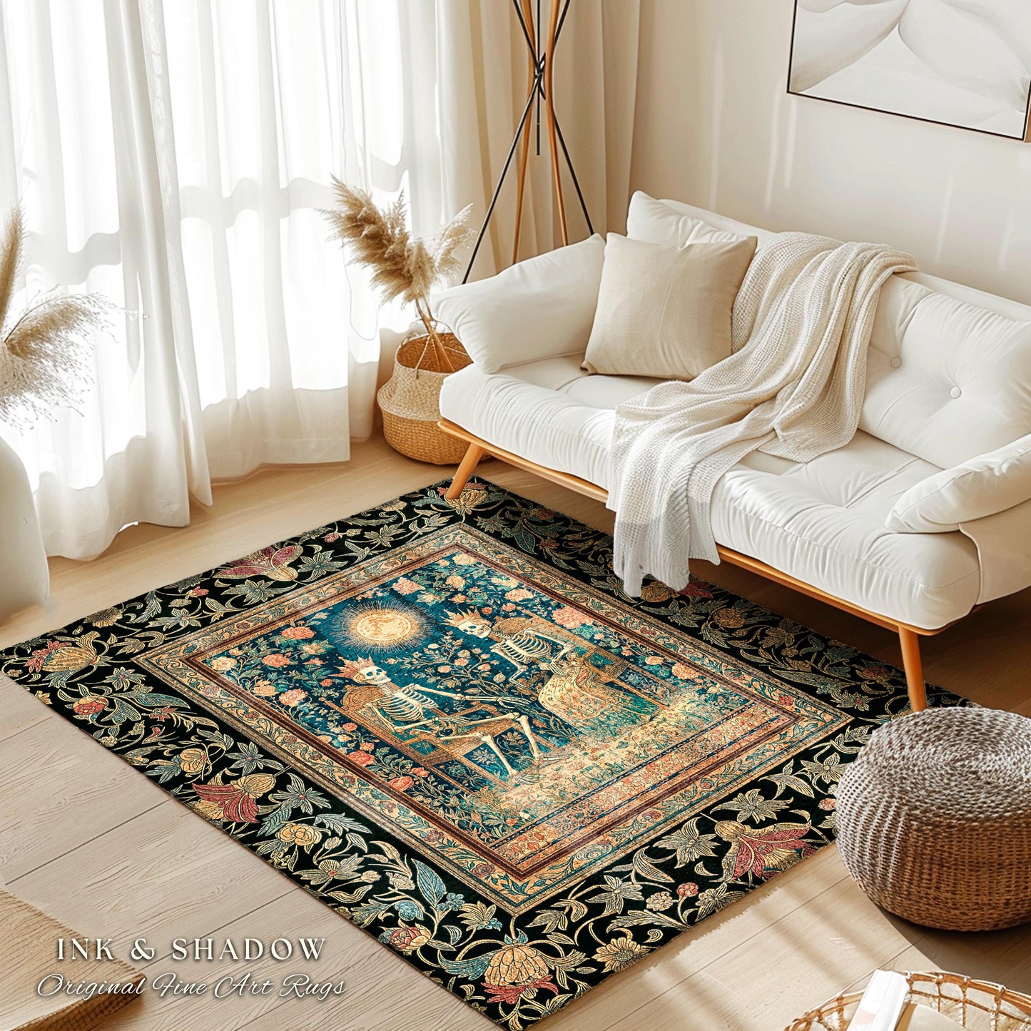 Mystic Garden Skeleton Lovers Rug | Baroque Crowned Couple Gothic Magic Celestial Aesthetic Sunlit Throne Mystical Floral Accent Rug Tarot