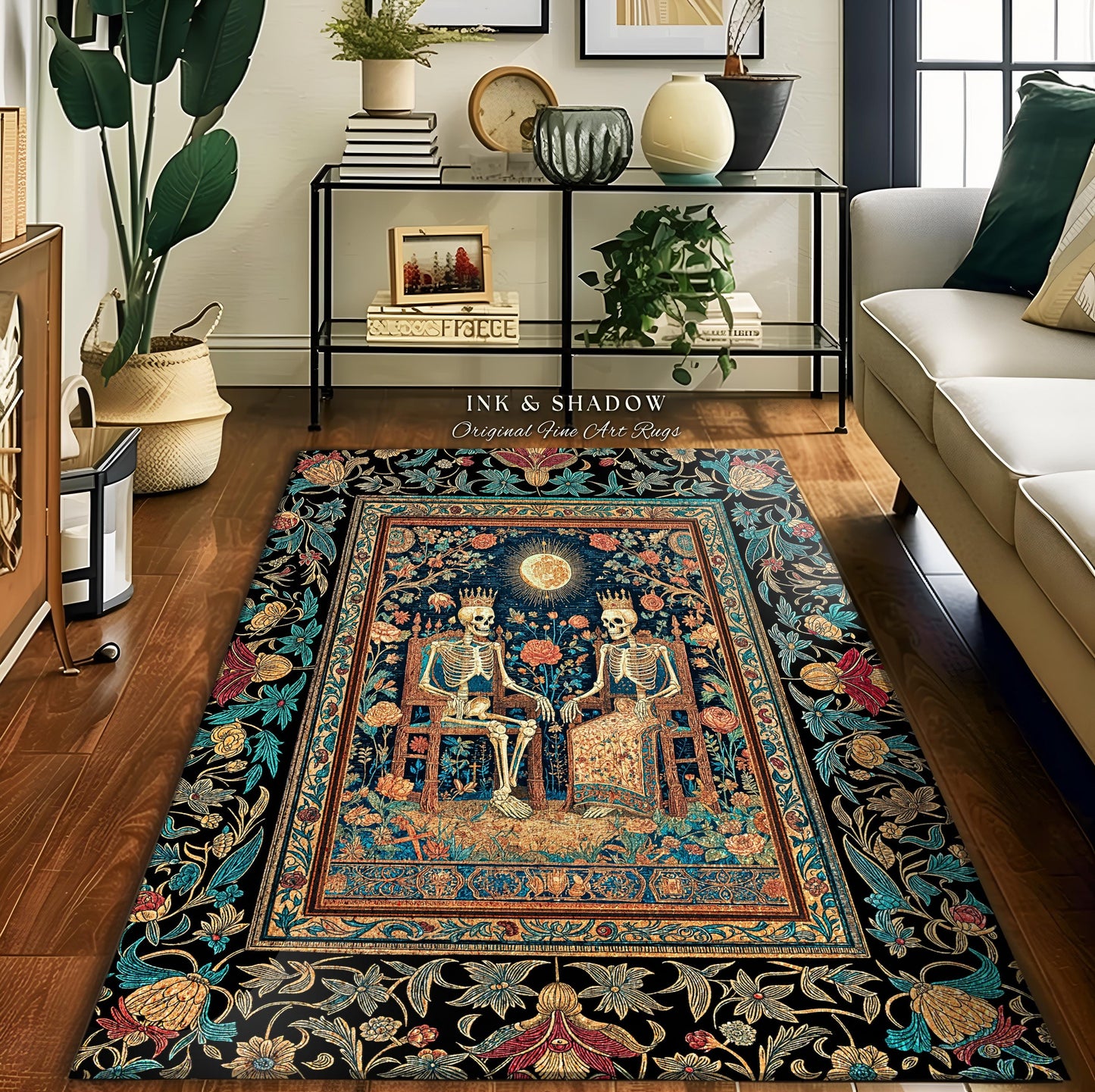 Macabre Skeleton Couple Witchy Area Rug | Golden Garden Sunlit Throne Accent Rug Gothic Celestial Fairytale Baroque Floral Fantasy Decor |