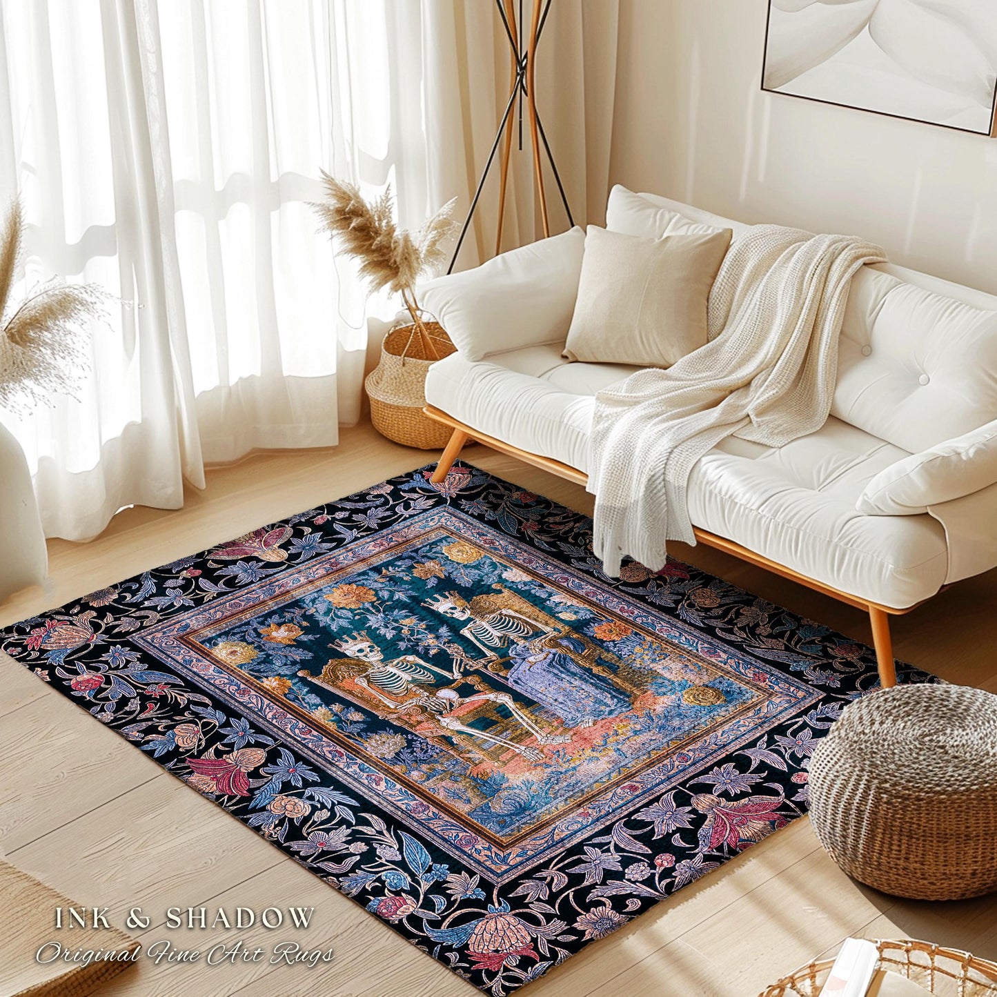 Autumnal Skeleton Lovers Mystic Rug | Baroque Gothic Bedroom Maximalist Floral Fairytale Celestial Couple Whimsical Accent Tarot Aesthetic |