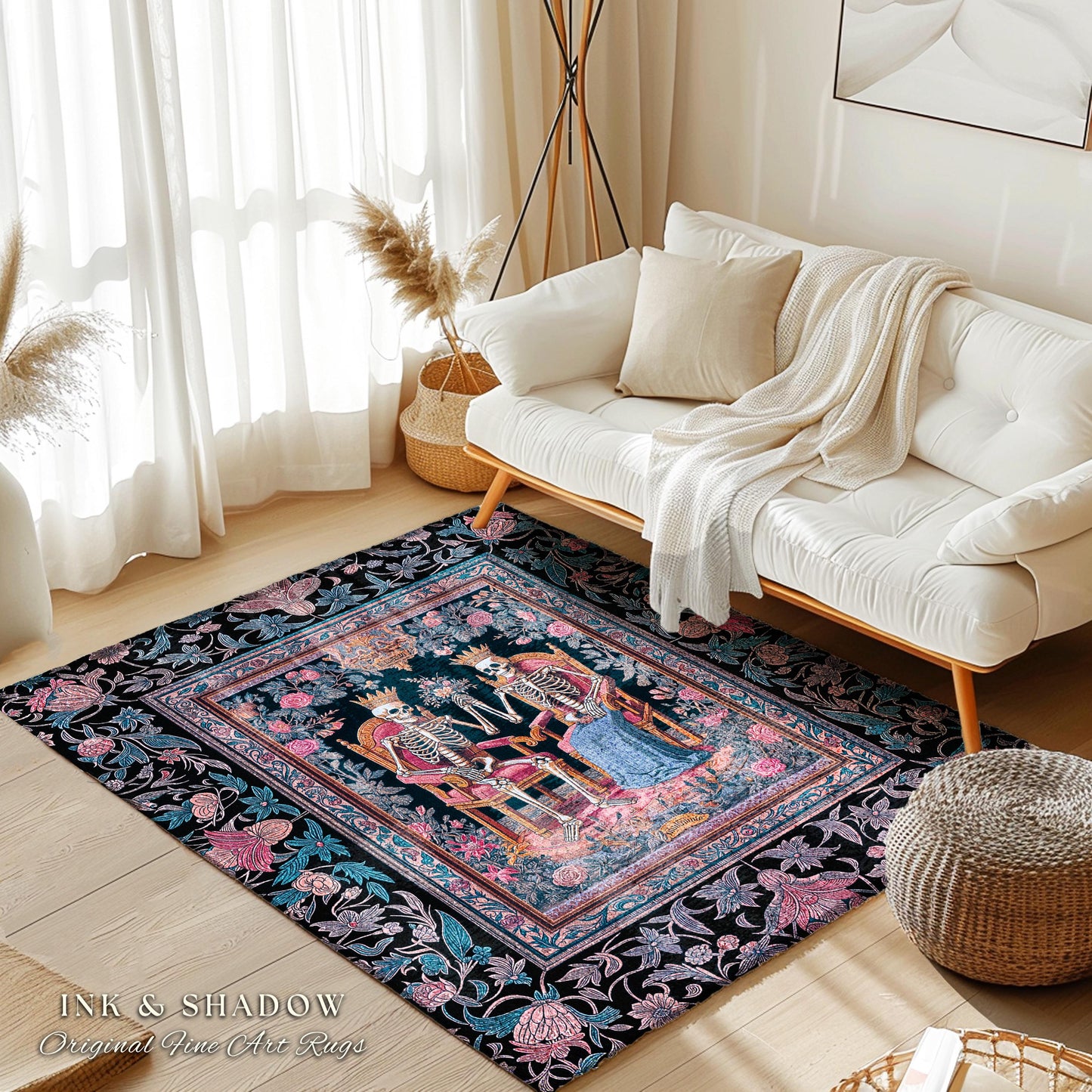Rose Garden Skeleton Couple Area Rug | Baroque Aesthetic Renaissance Gothic Fairytale Magic Royal Theme Floral Castle Decor Celestial Accent