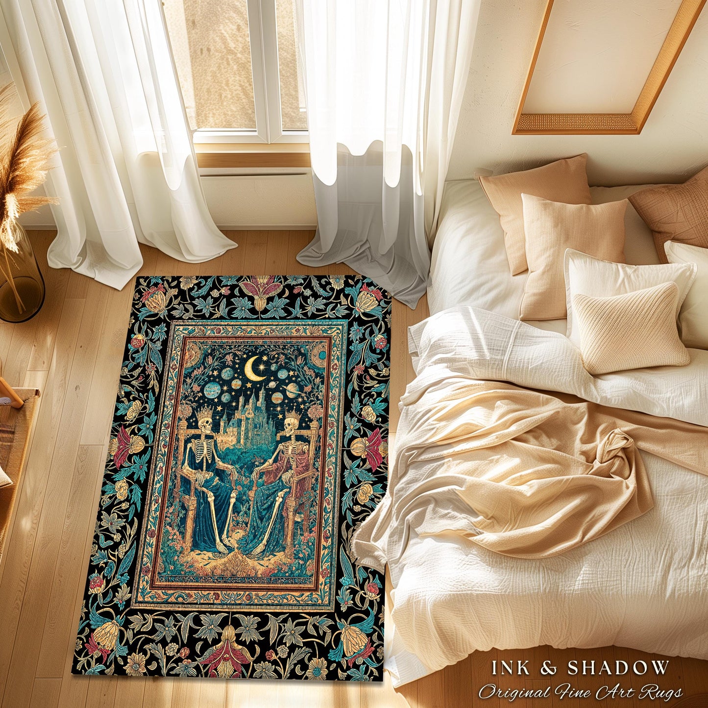 Starlit Skeleton Lovers Celestial Rug | Gothic Castle Whimsigothic Romance Cosmic Sky Baroque Magical King and Queen Bedroom Accent Moonlit