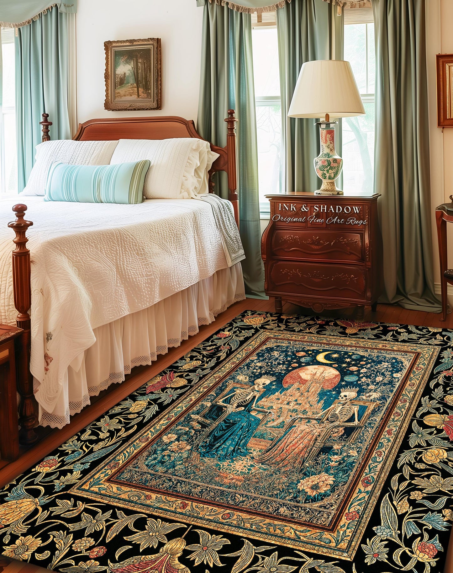 Golden Garden Skeleton Couple Rug | Celestial Gothic Lovers Moonlit Romance Baroque Floral Gothic Fairytale Magic Bedroom Accent Rug Mystic