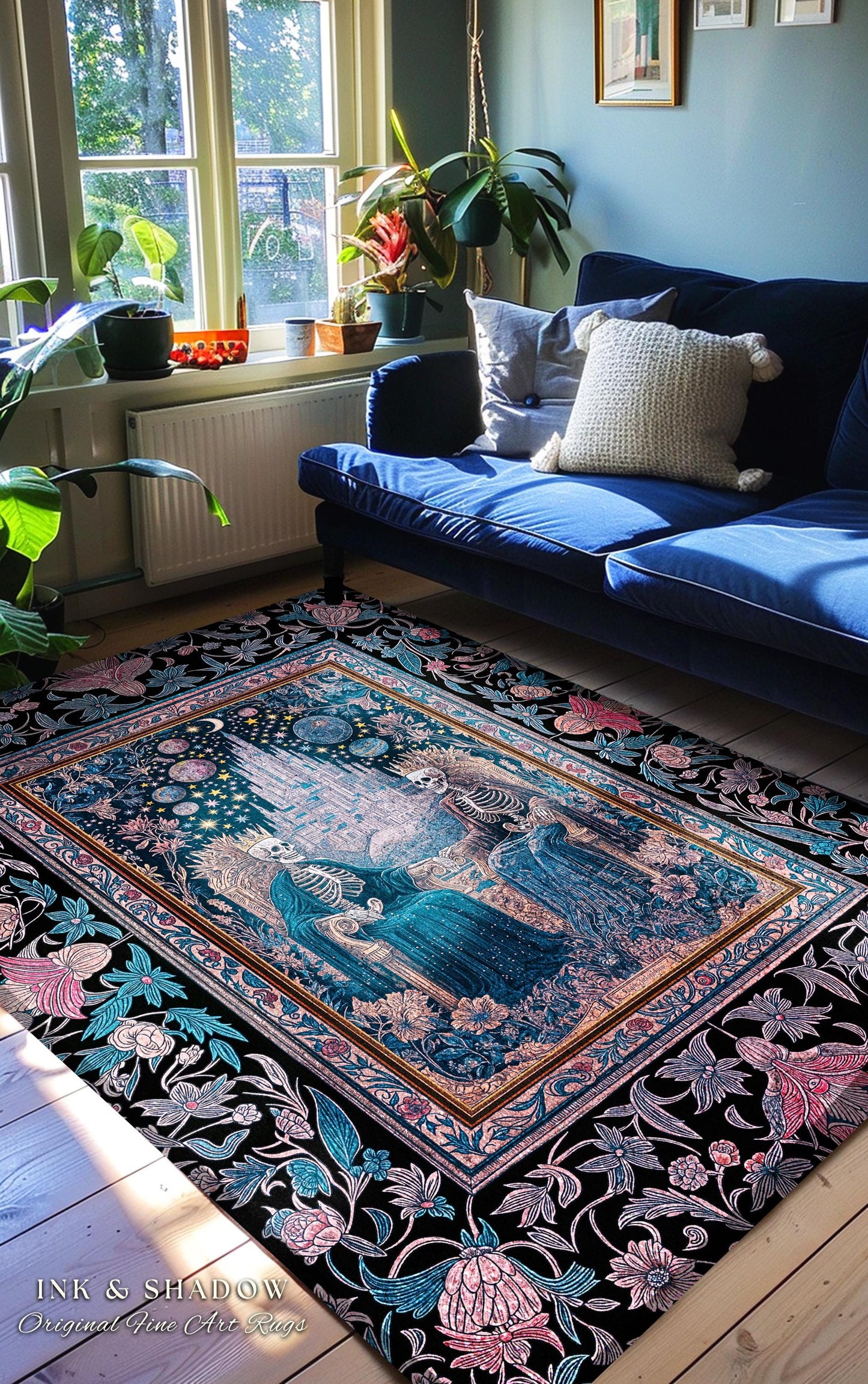 Celestial Skeleton Lovers Gothic Rug | Dark Academia Castle Fantasy Whimsigothic Fairytale Floral Magic Aesthetic Bedroom Pastel Witchy |