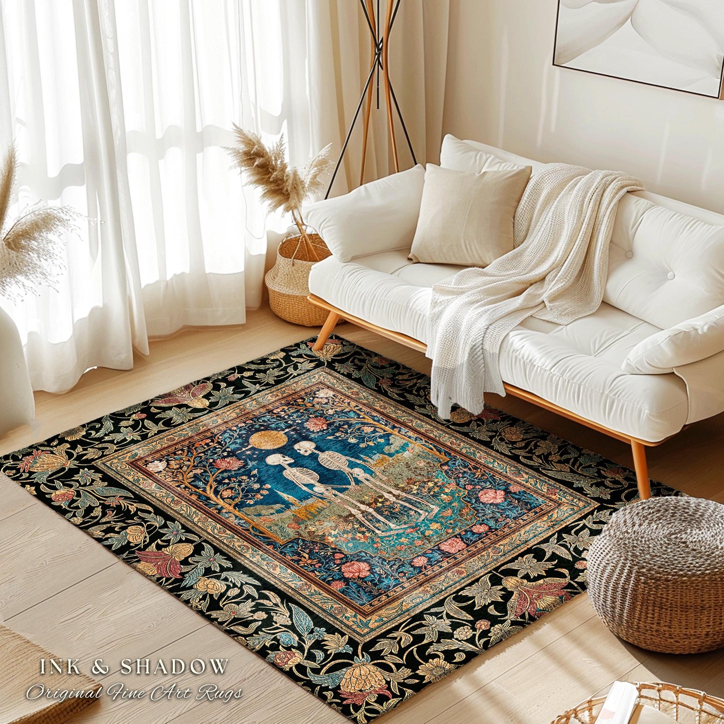 Cute Romantic Skeleton Gothic Rug | Autumnal Florals Dark Academia Fairytale Castle Dark Magic Accent Baroque Cottagecore Lovers Whimsical