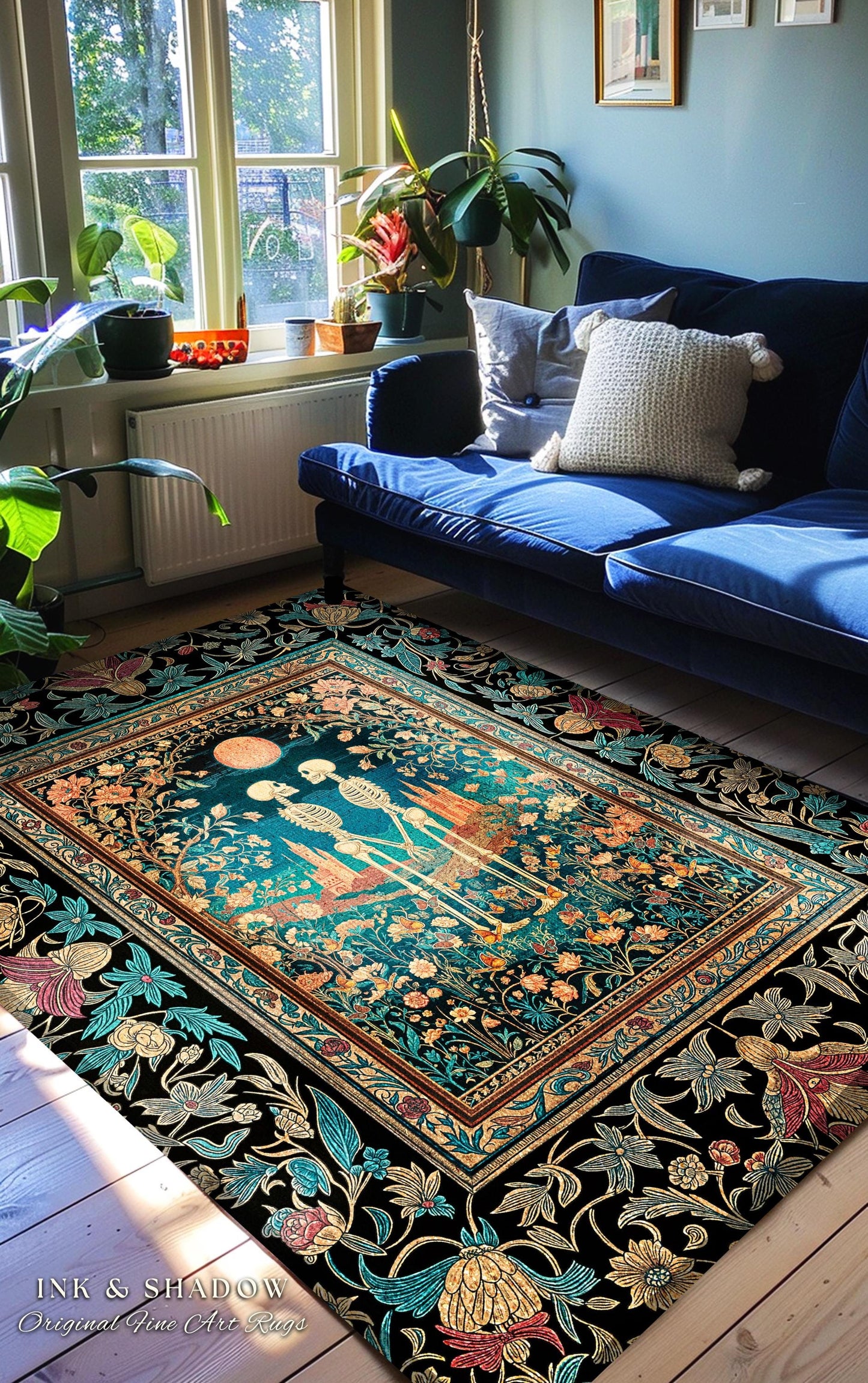 Folk Art Skeleton Lovers Floral Rug | Cottagecore Witchy Aesthetic Moon Fairytale Wildflower Romantic Gothic Castle Fantasy Bedroom Accent |